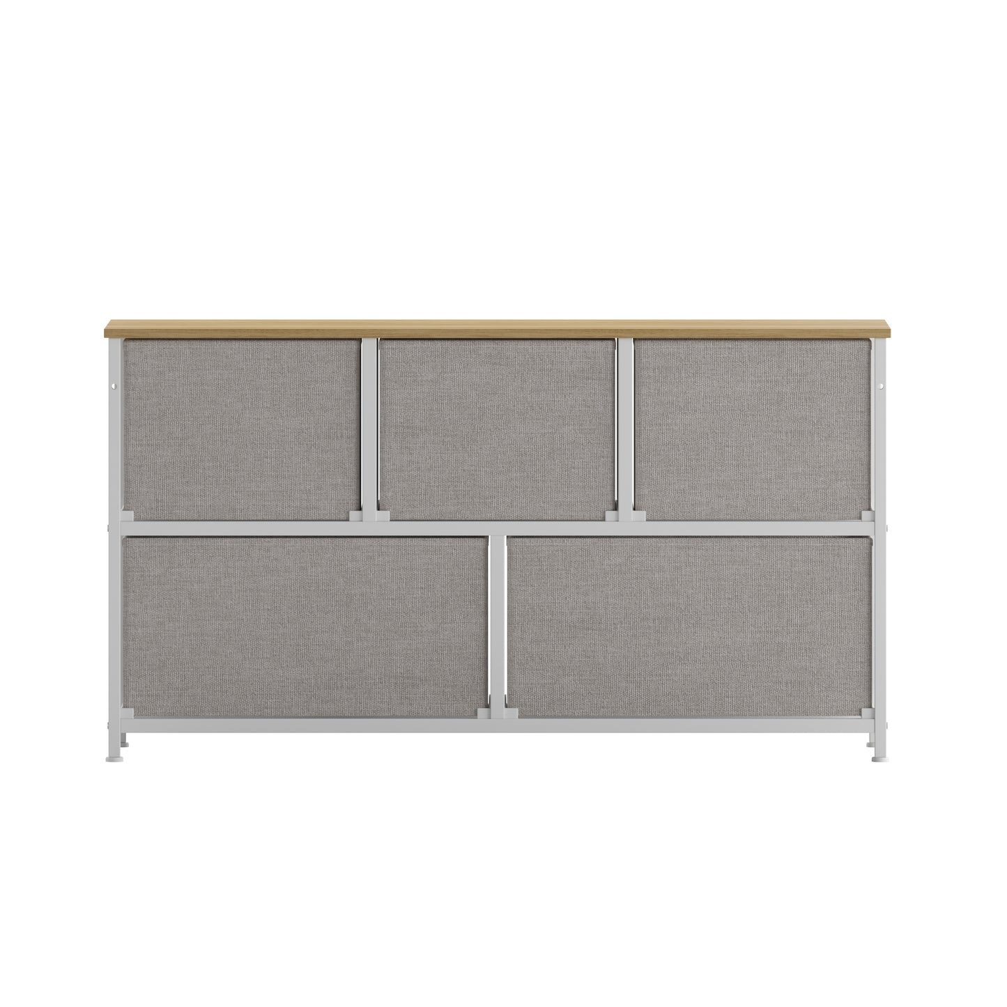 Harris 5 Drawer Vertical Storage Dresser with White Cast Iron Frame, Oak Wood Top and Beige Easy Pull Fabric Drawers with Natural Wooden Handles Beige Drawers/White Frame