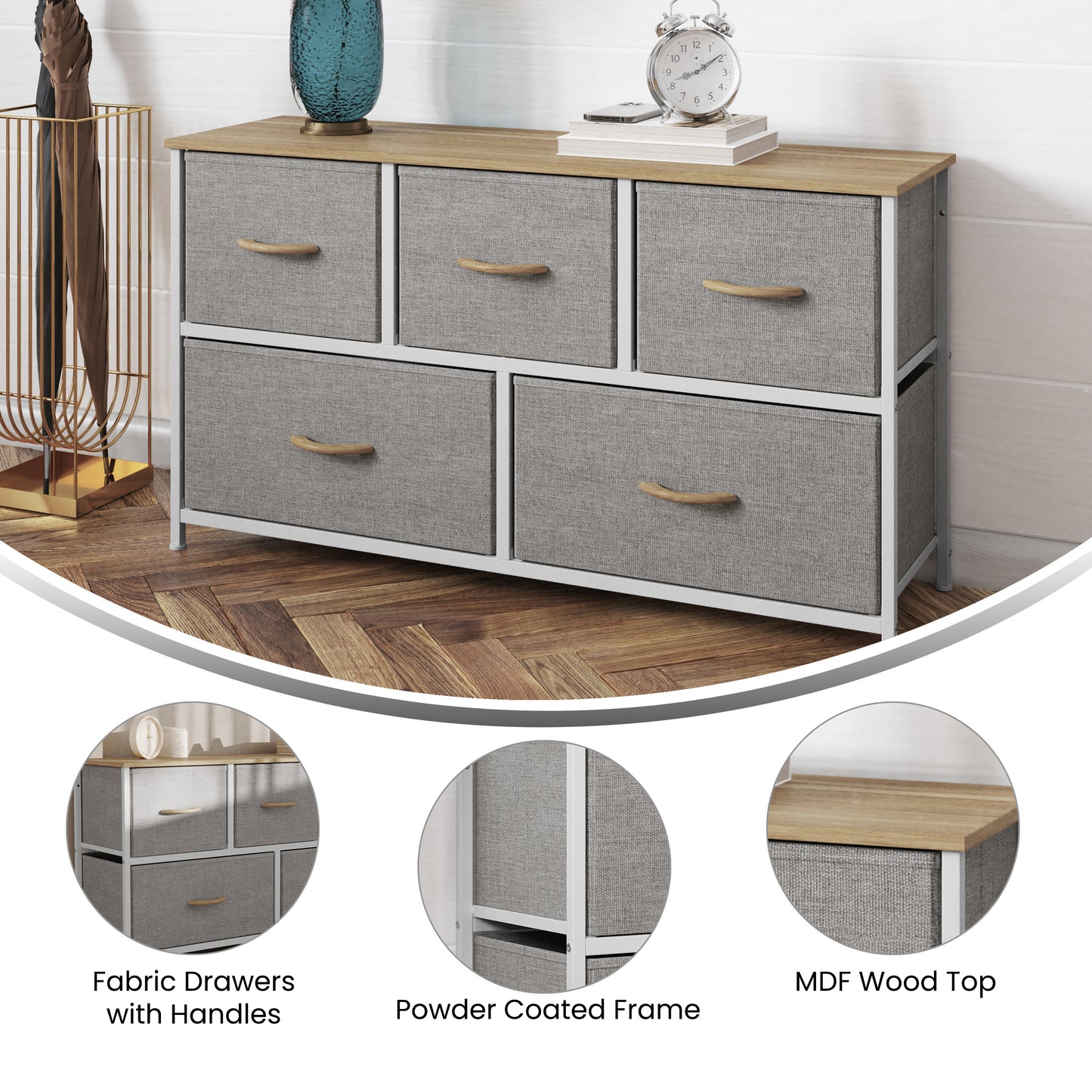 Harris 5 Drawer Vertical Storage Dresser with White Cast Iron Frame, Oak Wood Top and Beige Easy Pull Fabric Drawers with Natural Wooden Handles Beige Drawers/White Frame