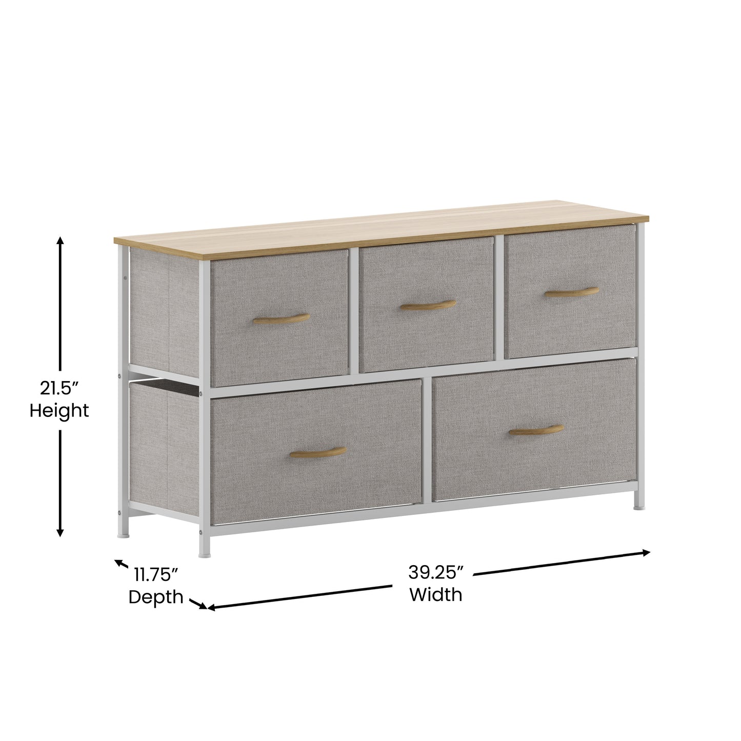 Harris 5 Drawer Vertical Storage Dresser with White Cast Iron Frame, Oak Wood Top and Beige Easy Pull Fabric Drawers with Natural Wooden Handles Beige Drawers/White Frame