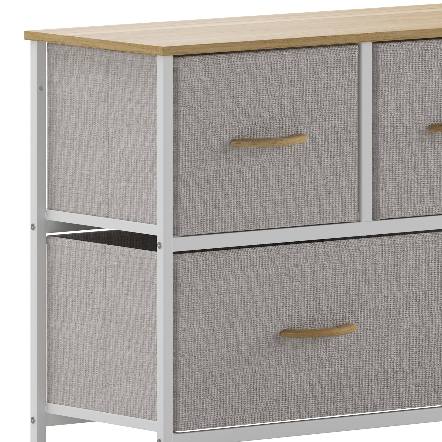 Harris 5 Drawer Vertical Storage Dresser with White Cast Iron Frame, Oak Wood Top and Beige Easy Pull Fabric Drawers with Natural Wooden Handles Beige Drawers/White Frame