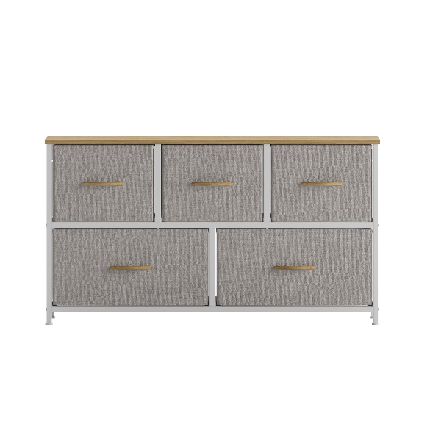 Harris 5 Drawer Vertical Storage Dresser with White Cast Iron Frame, Oak Wood Top and Beige Easy Pull Fabric Drawers with Natural Wooden Handles Beige Drawers/White Frame