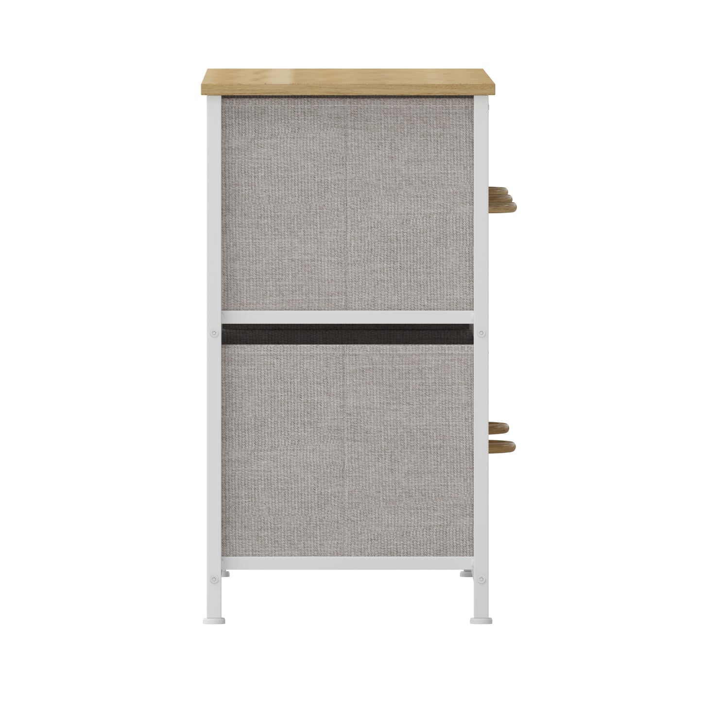 Harris 5 Drawer Vertical Storage Dresser with White Cast Iron Frame, Oak Wood Top and Beige Easy Pull Fabric Drawers with Natural Wooden Handles Beige Drawers/White Frame