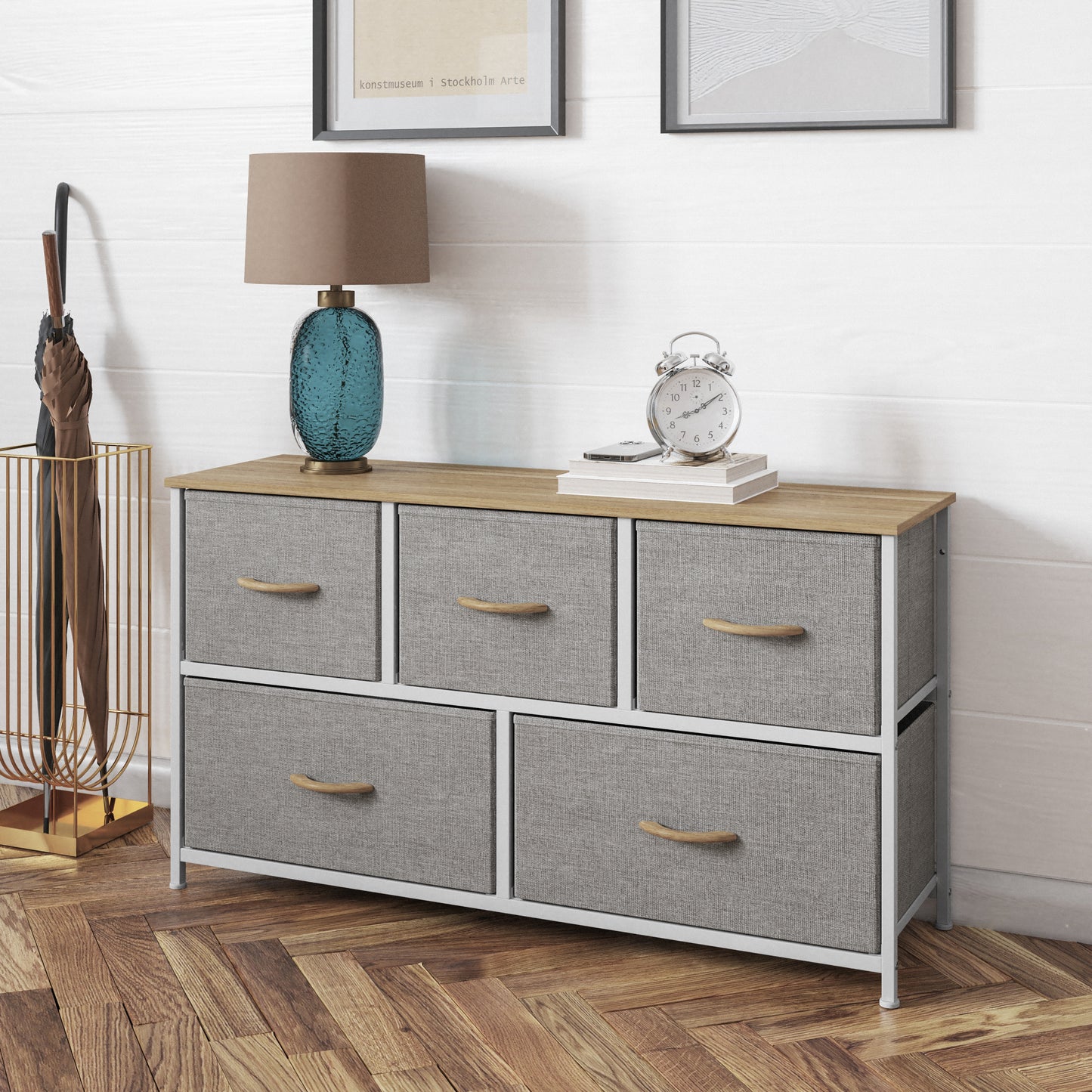 Harris 5 Drawer Vertical Storage Dresser with White Cast Iron Frame, Oak Wood Top and Beige Easy Pull Fabric Drawers with Natural Wooden Handles Beige Drawers/White Frame