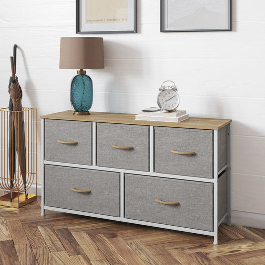 Harris 5 Drawer Vertical Storage Dresser with White Cast Iron Frame, Oak Wood Top and Beige Easy Pull Fabric Drawers with Natural Wooden Handles Beige Drawers/White Frame