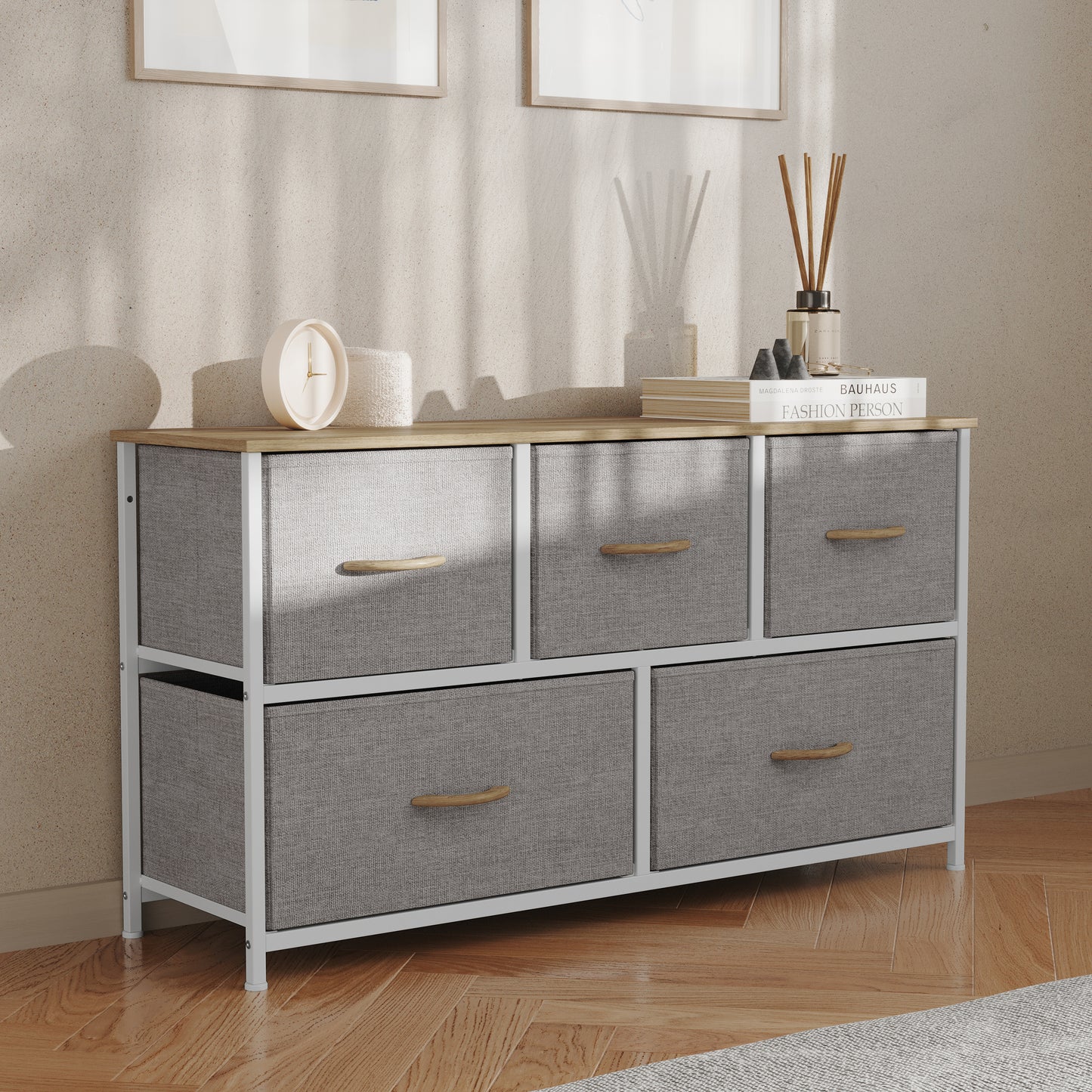Harris 5 Drawer Vertical Storage Dresser with White Cast Iron Frame, Oak Wood Top and Beige Easy Pull Fabric Drawers with Natural Wooden Handles Beige Drawers/White Frame