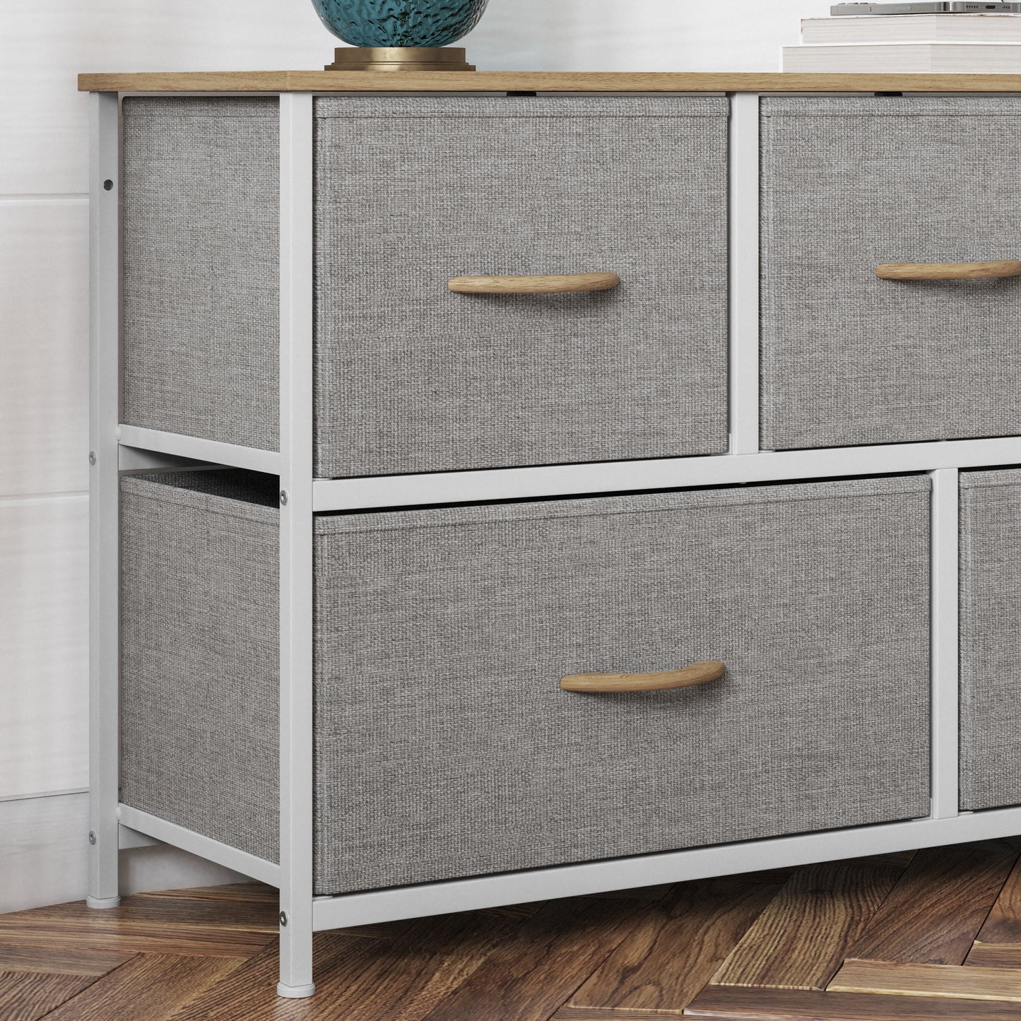 Harris 5 Drawer Vertical Storage Dresser with White Cast Iron Frame, Oak Wood Top and Beige Easy Pull Fabric Drawers with Natural Wooden Handles Beige Drawers/White Frame
