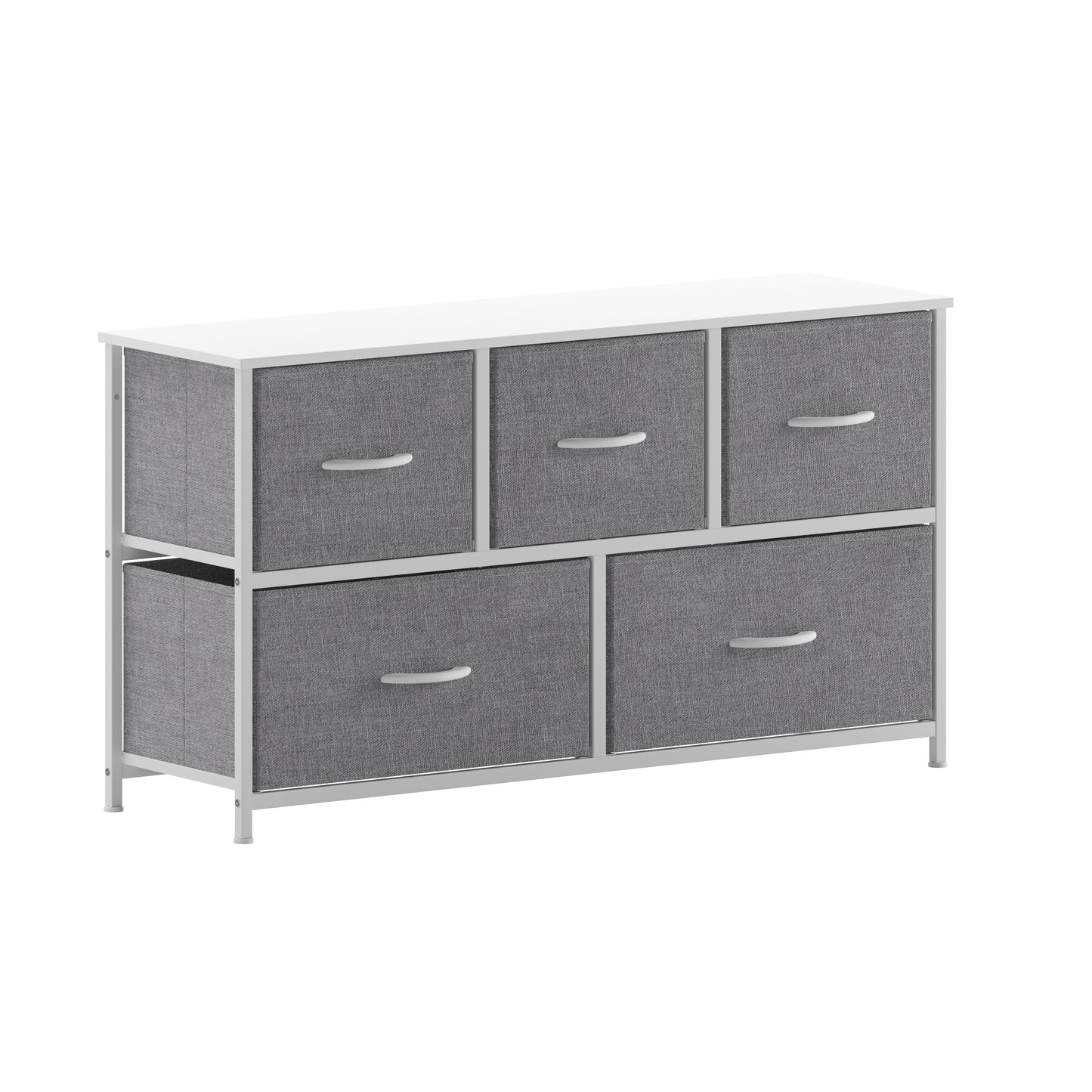Harris 5 Drawer Vertical Storage Dresser with White Cast Iron Frame, White Wood Top and Gray Easy Pull Fabric Drawers with White Wooden Handles Gray Drawers/White Frame
