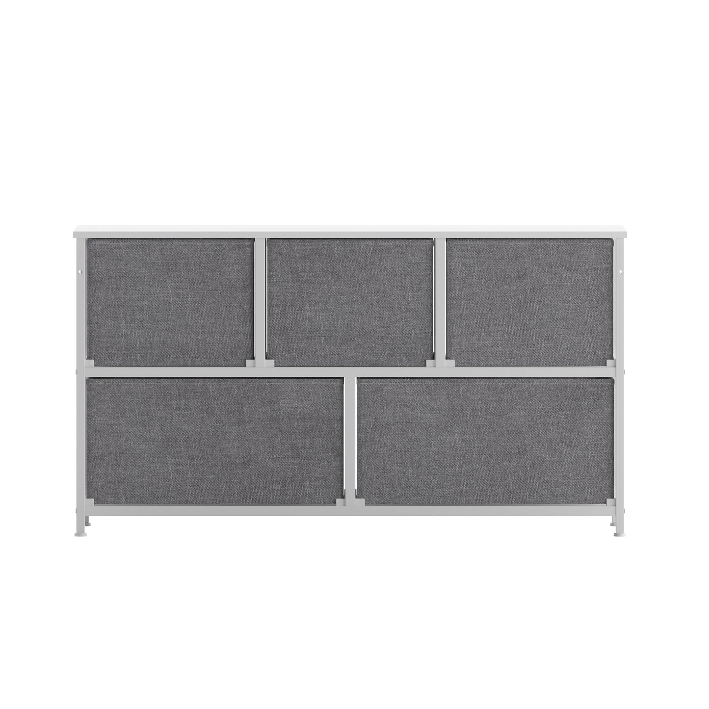 Harris 5 Drawer Vertical Storage Dresser with White Cast Iron Frame, White Wood Top and Gray Easy Pull Fabric Drawers with White Wooden Handles Gray Drawers/White Frame