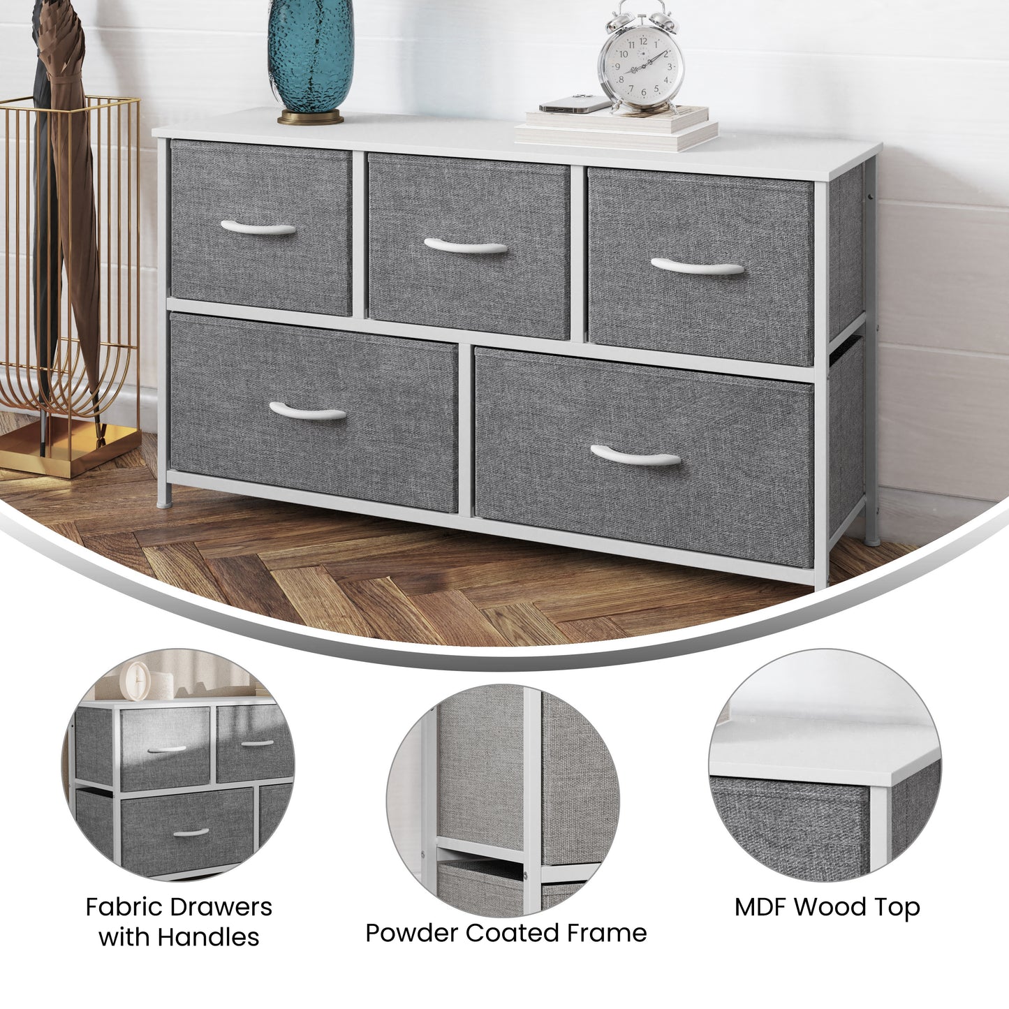 Harris 5 Drawer Vertical Storage Dresser with White Cast Iron Frame, White Wood Top and Gray Easy Pull Fabric Drawers with White Wooden Handles Gray Drawers/White Frame