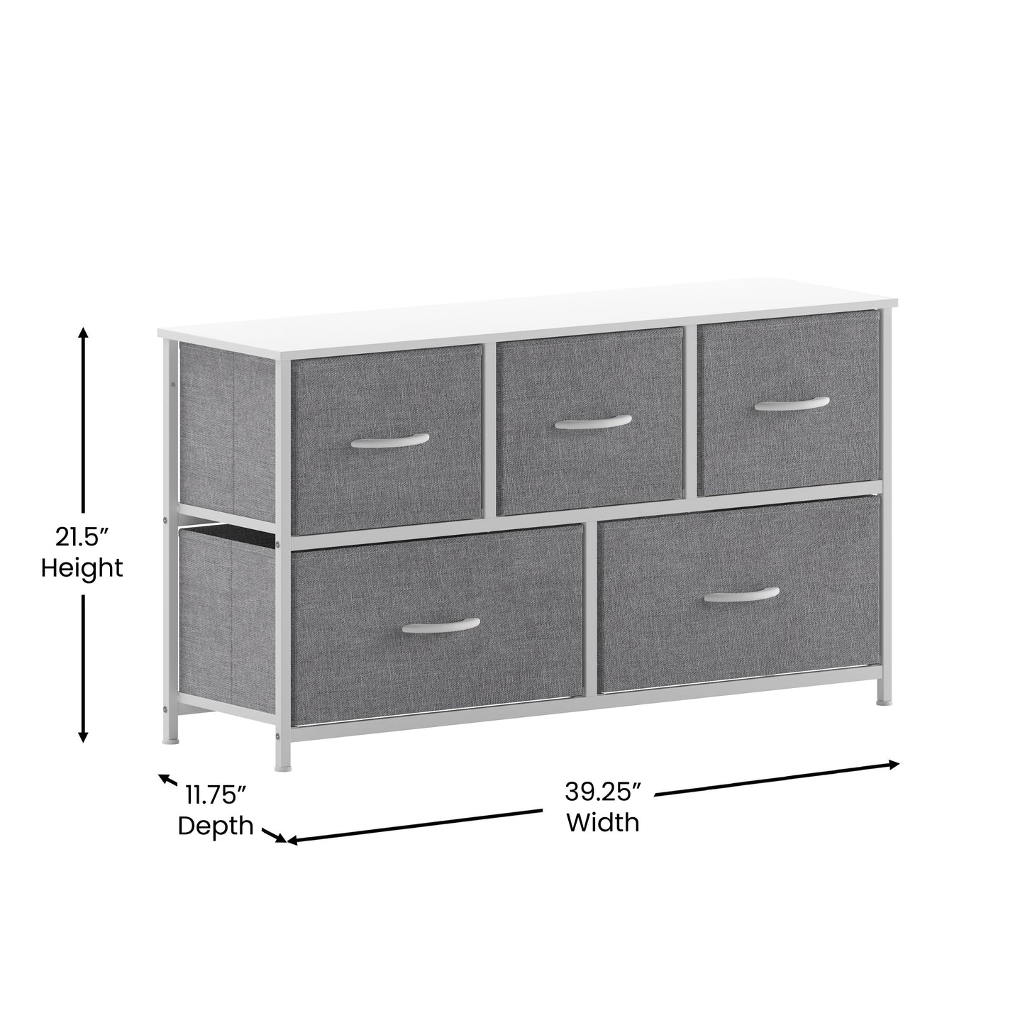 Harris 5 Drawer Vertical Storage Dresser with White Cast Iron Frame, White Wood Top and Gray Easy Pull Fabric Drawers with White Wooden Handles Gray Drawers/White Frame