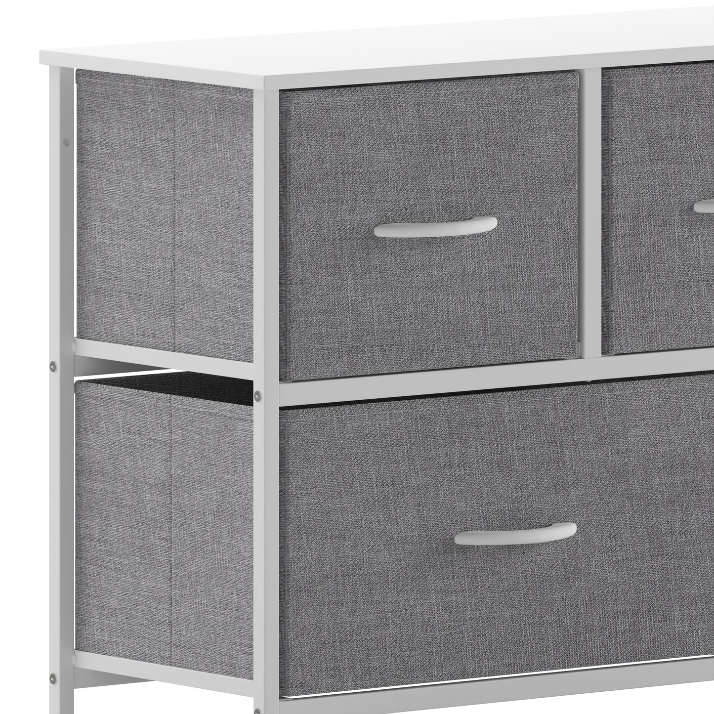 Harris 5 Drawer Vertical Storage Dresser with White Cast Iron Frame, White Wood Top and Gray Easy Pull Fabric Drawers with White Wooden Handles Gray Drawers/White Frame