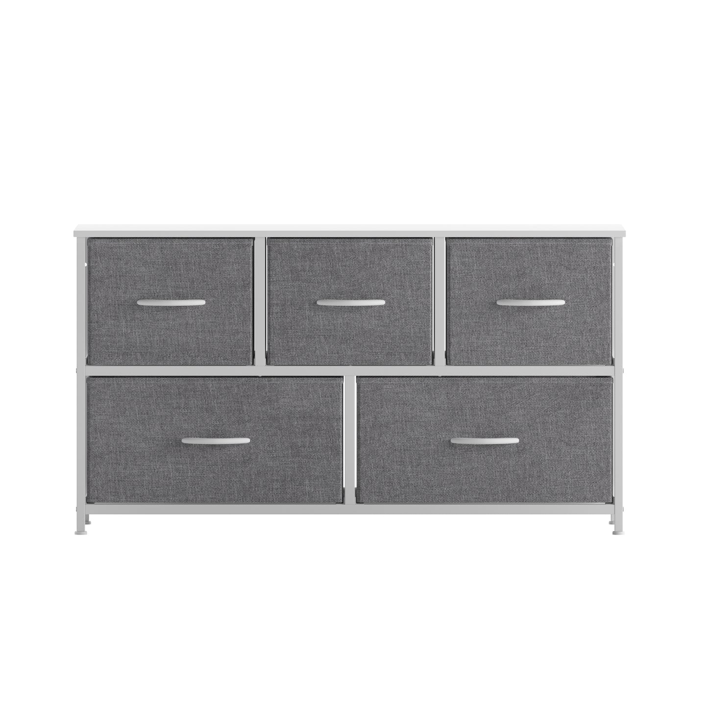 Harris 5 Drawer Vertical Storage Dresser with White Cast Iron Frame, White Wood Top and Gray Easy Pull Fabric Drawers with White Wooden Handles Gray Drawers/White Frame