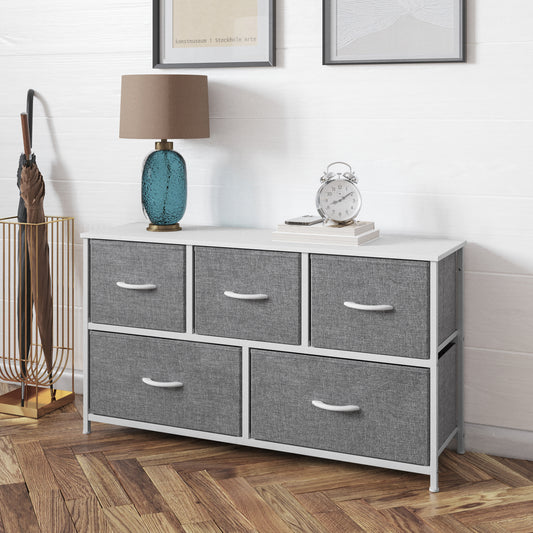 Harris 5 Drawer Vertical Storage Dresser with White Cast Iron Frame, White Wood Top and Gray Easy Pull Fabric Drawers with White Wooden Handles Gray Drawers/White Frame