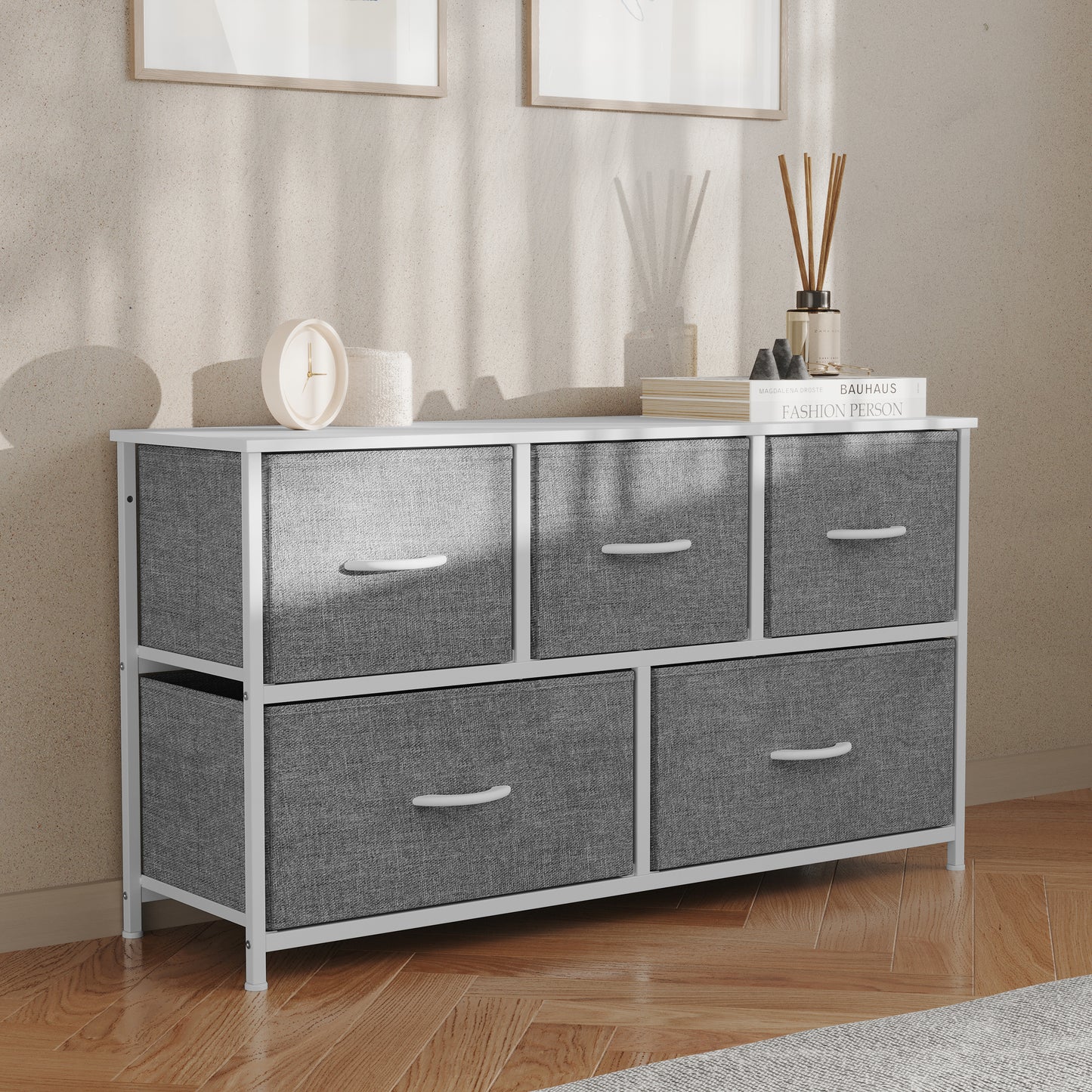 Harris 5 Drawer Vertical Storage Dresser with White Cast Iron Frame, White Wood Top and Gray Easy Pull Fabric Drawers with White Wooden Handles Gray Drawers/White Frame