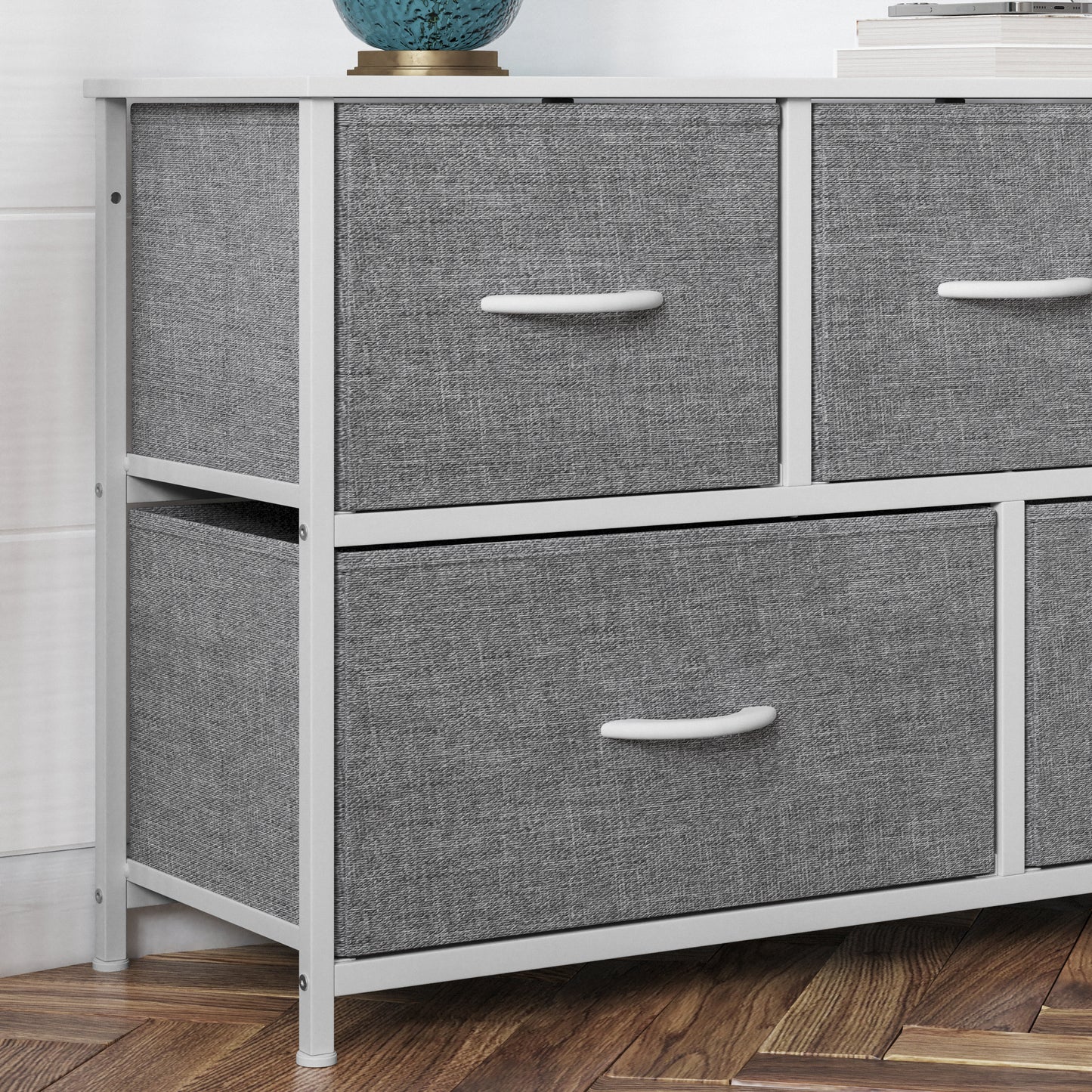 Harris 5 Drawer Vertical Storage Dresser with White Cast Iron Frame, White Wood Top and Gray Easy Pull Fabric Drawers with White Wooden Handles Gray Drawers/White Frame