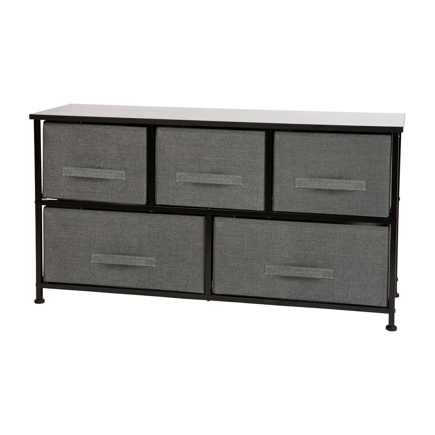 Harris 5 Drawer Wood Top Black Cast Iron Frame Vertical Storage Dresser with Dark Gray Easy Pull Fabric Drawers Gray Drawers/Black Frame