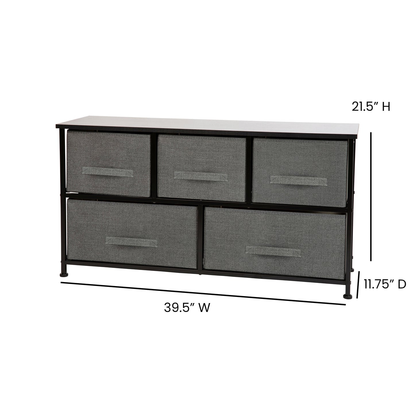 Harris 5 Drawer Wood Top Black Cast Iron Frame Vertical Storage Dresser with Dark Gray Easy Pull Fabric Drawers Gray Drawers/Black Frame