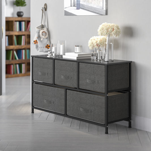 Harris 5 Drawer Wood Top Black Cast Iron Frame Vertical Storage Dresser with Dark Gray Easy Pull Fabric Drawers Gray Drawers/Black Frame