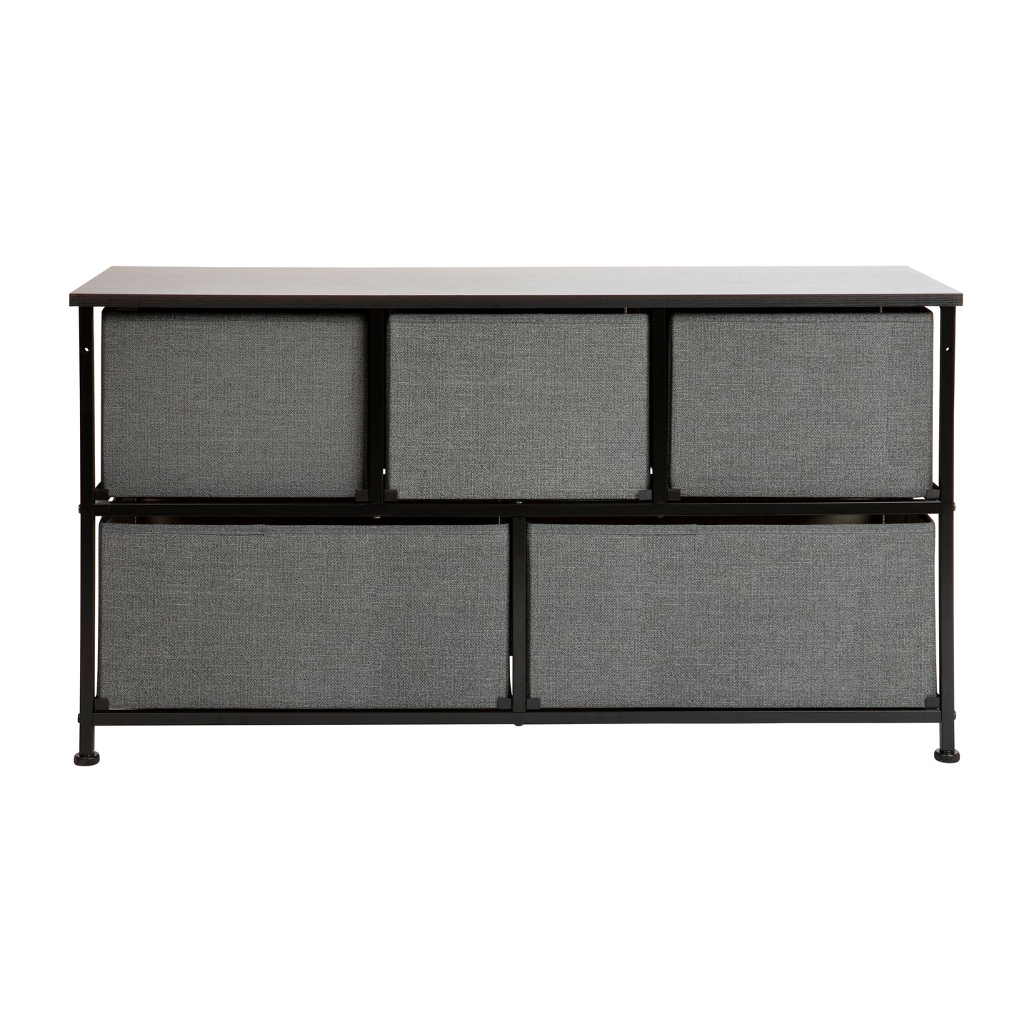 Harris 5 Drawer Wood Top Black Cast Iron Frame Vertical Storage Dresser with Dark Gray Easy Pull Fabric Drawers Gray Drawers/Black Frame
