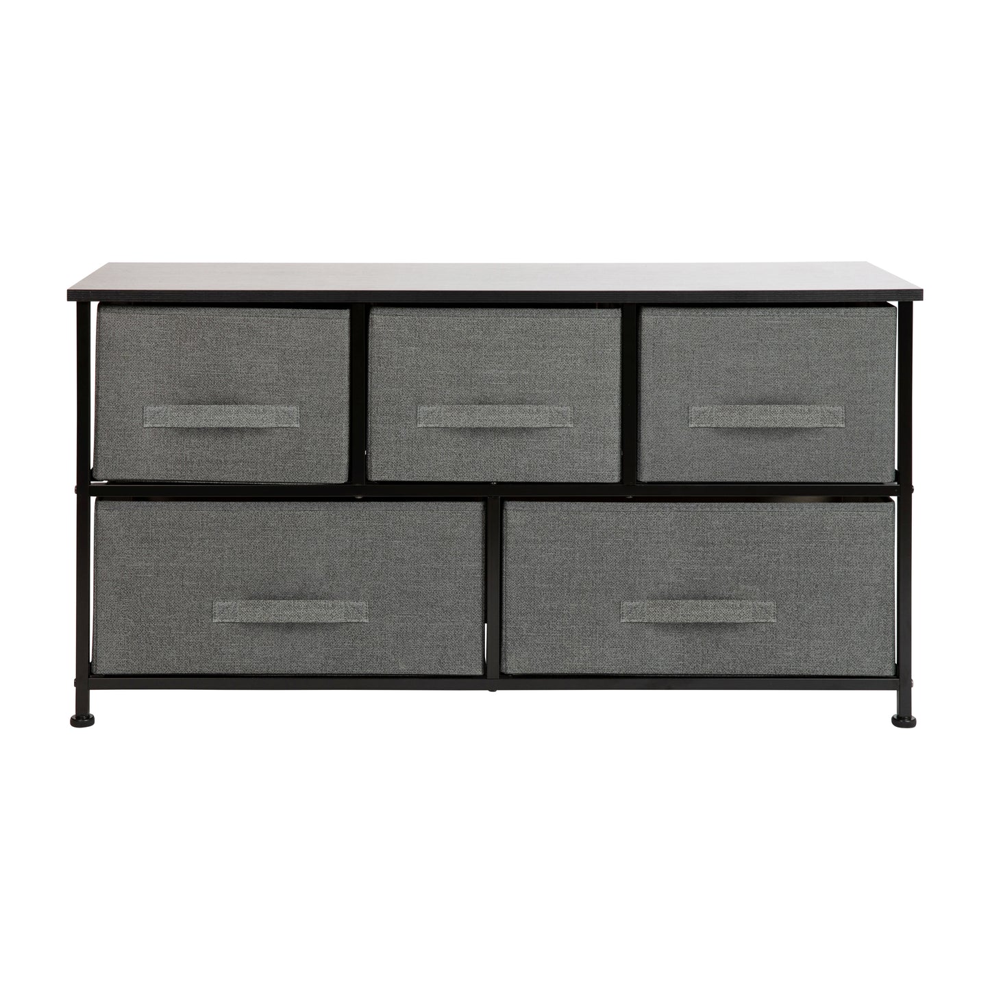 Harris 5 Drawer Wood Top Black Cast Iron Frame Vertical Storage Dresser with Dark Gray Easy Pull Fabric Drawers Gray Drawers/Black Frame