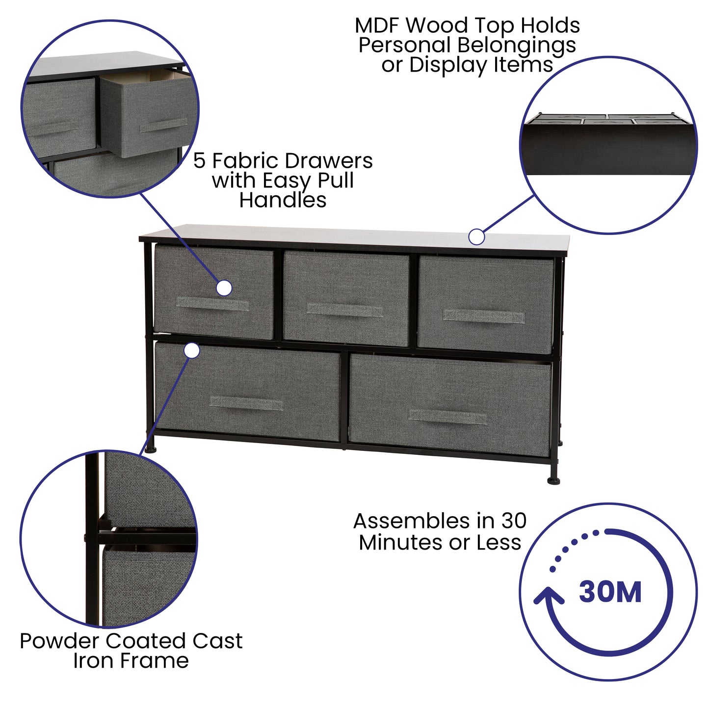 Harris 5 Drawer Wood Top Black Cast Iron Frame Vertical Storage Dresser with Dark Gray Easy Pull Fabric Drawers Gray Drawers/Black Frame