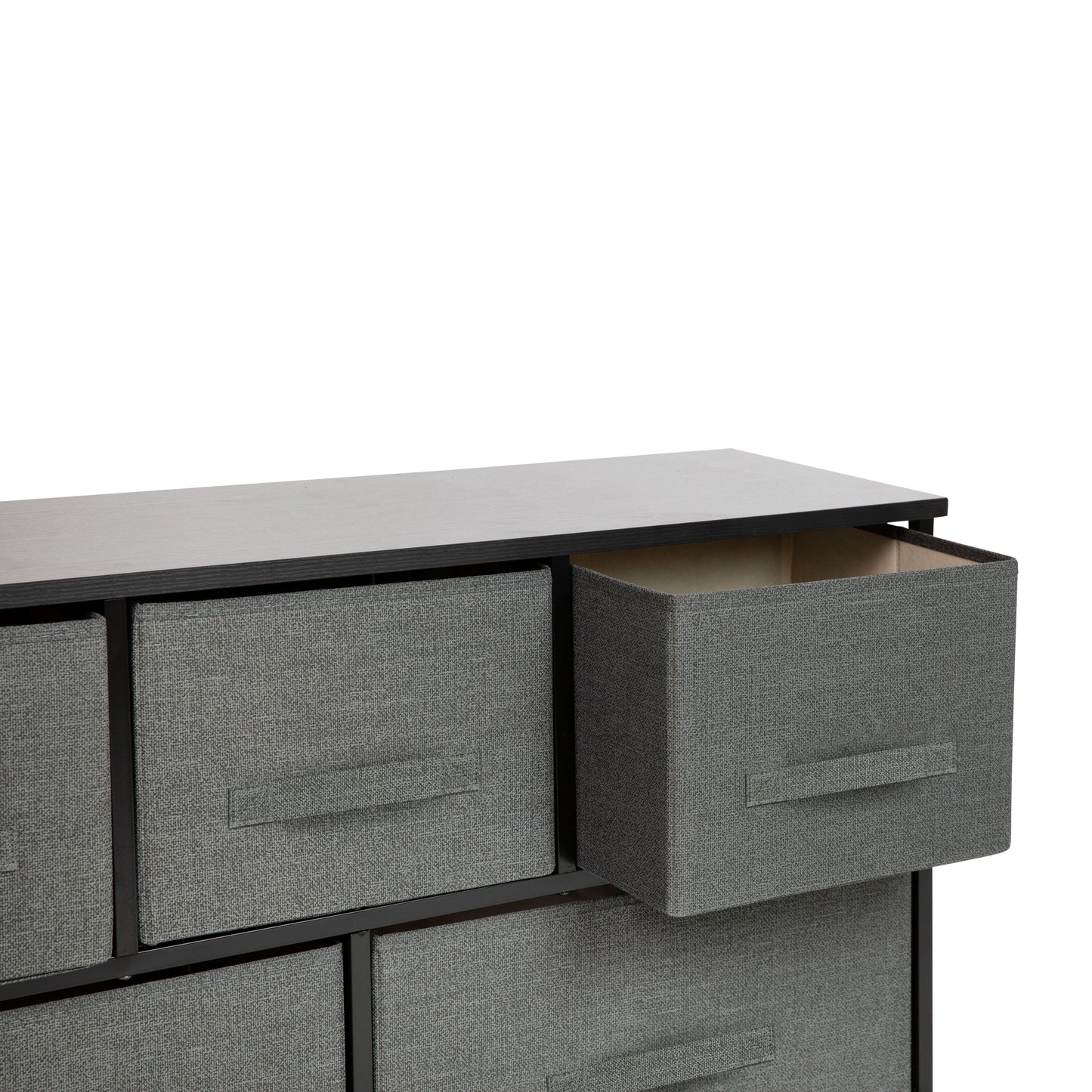 Harris 5 Drawer Wood Top Black Cast Iron Frame Vertical Storage Dresser with Dark Gray Easy Pull Fabric Drawers Gray Drawers/Black Frame