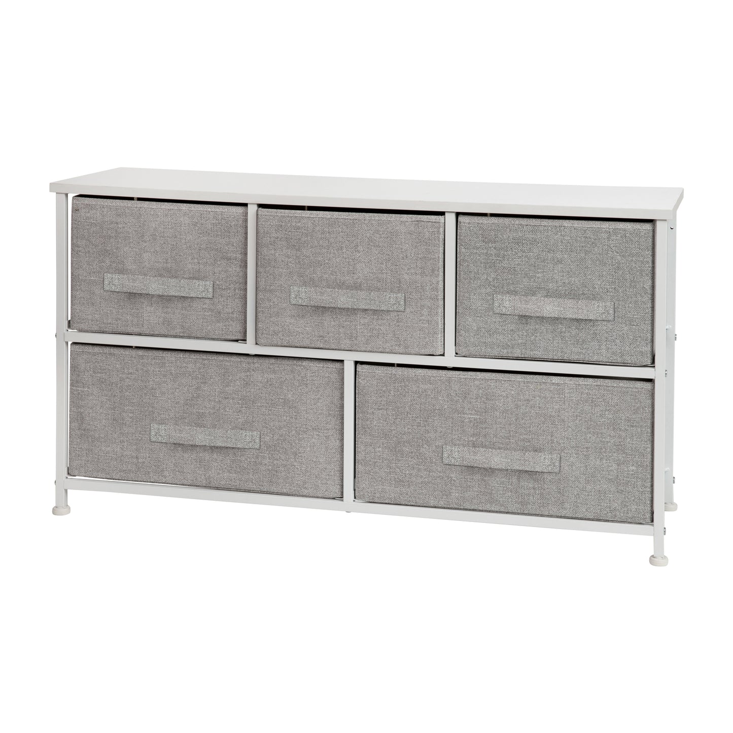 Harris 5 Drawer Wood Top White Cast Iron Frame Vertical Storage Dresser with Light Gray Easy Pull Fabric Drawers Gray Drawers/White Frame