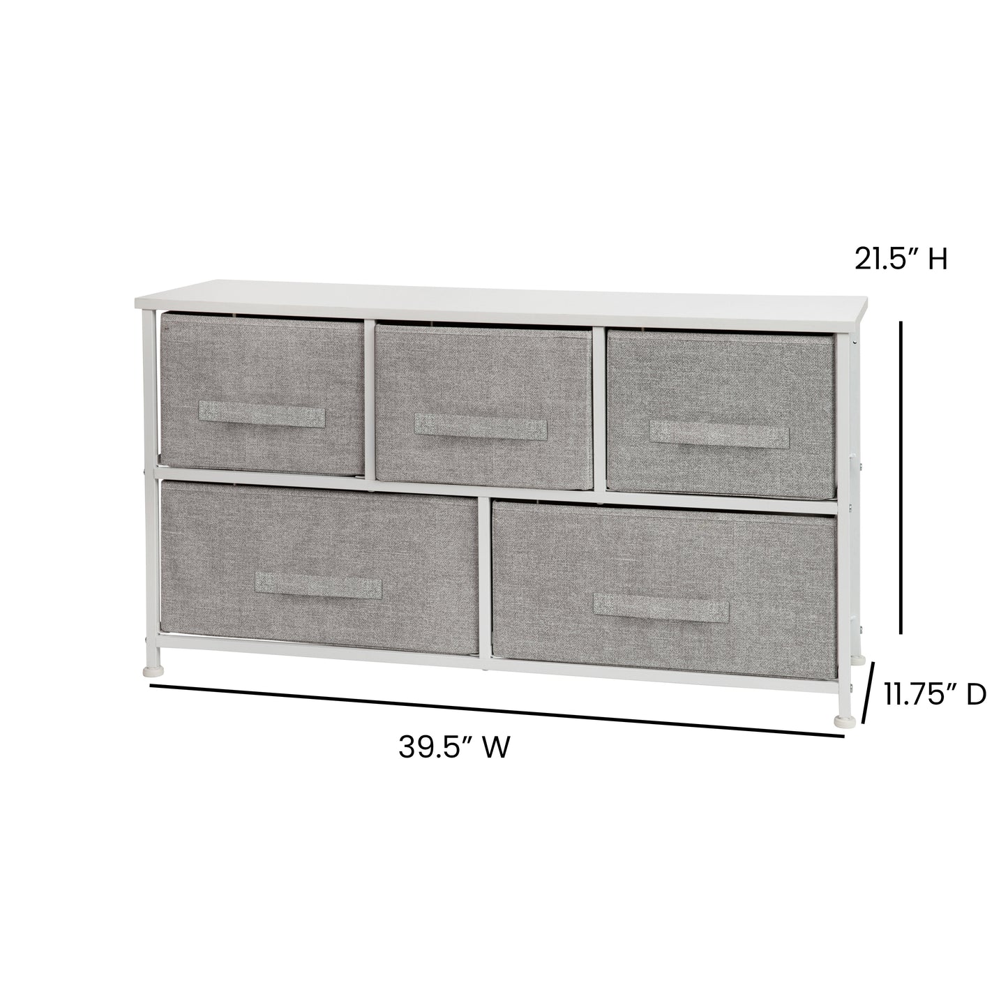 Harris 5 Drawer Wood Top White Cast Iron Frame Vertical Storage Dresser with Light Gray Easy Pull Fabric Drawers Gray Drawers/White Frame