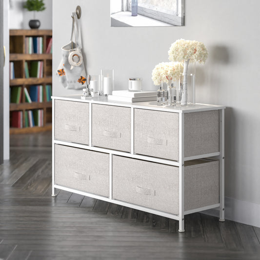 Harris 5 Drawer Wood Top White Cast Iron Frame Vertical Storage Dresser with Light Gray Easy Pull Fabric Drawers Gray Drawers/White Frame