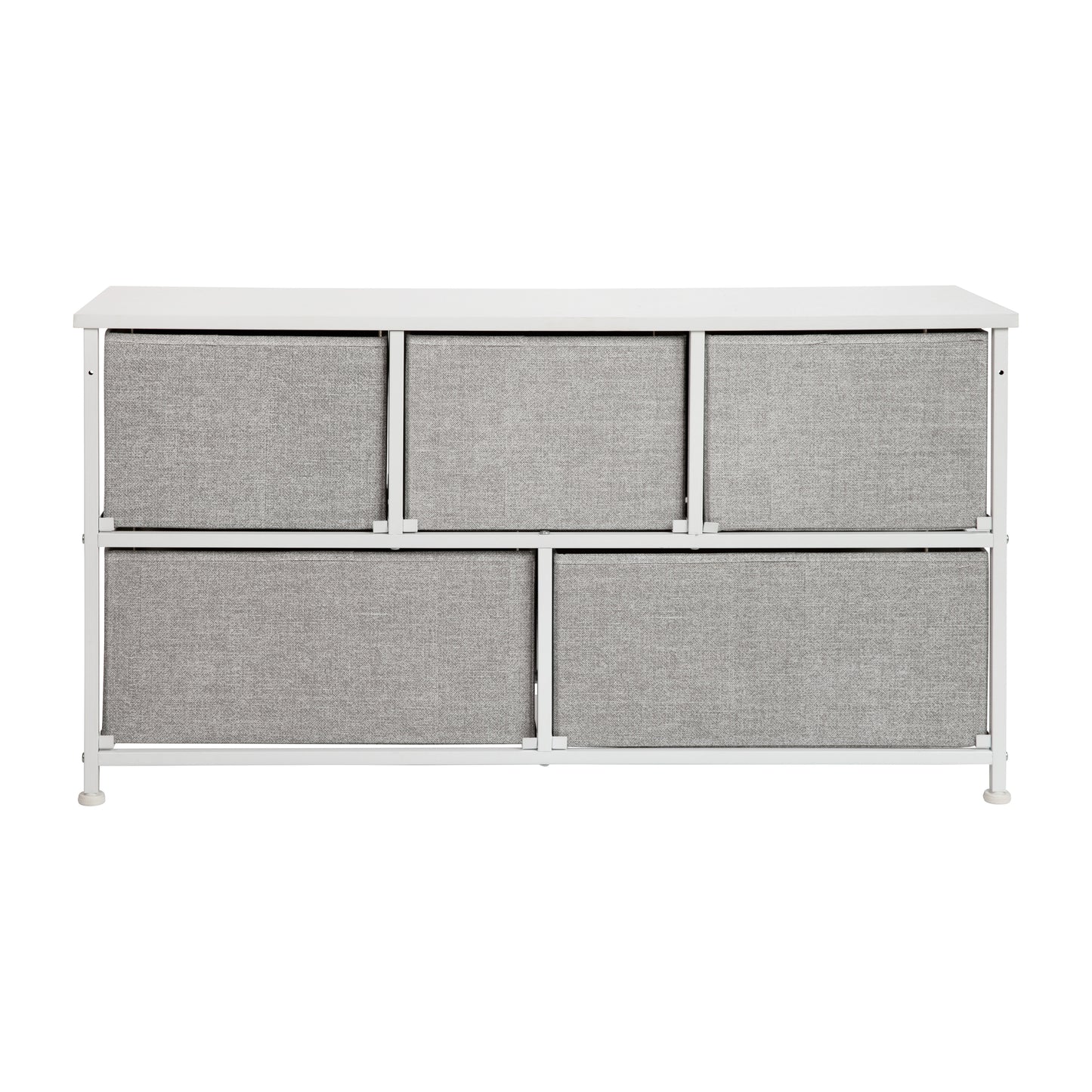 Harris 5 Drawer Wood Top White Cast Iron Frame Vertical Storage Dresser with Light Gray Easy Pull Fabric Drawers Gray Drawers/White Frame