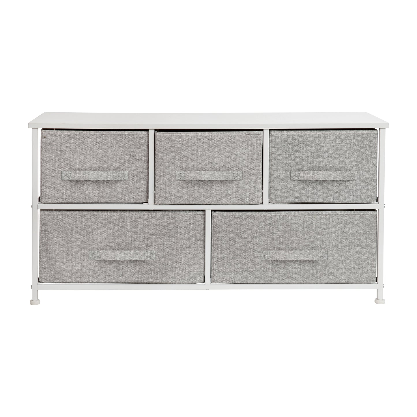 Harris 5 Drawer Wood Top White Cast Iron Frame Vertical Storage Dresser with Light Gray Easy Pull Fabric Drawers Gray Drawers/White Frame