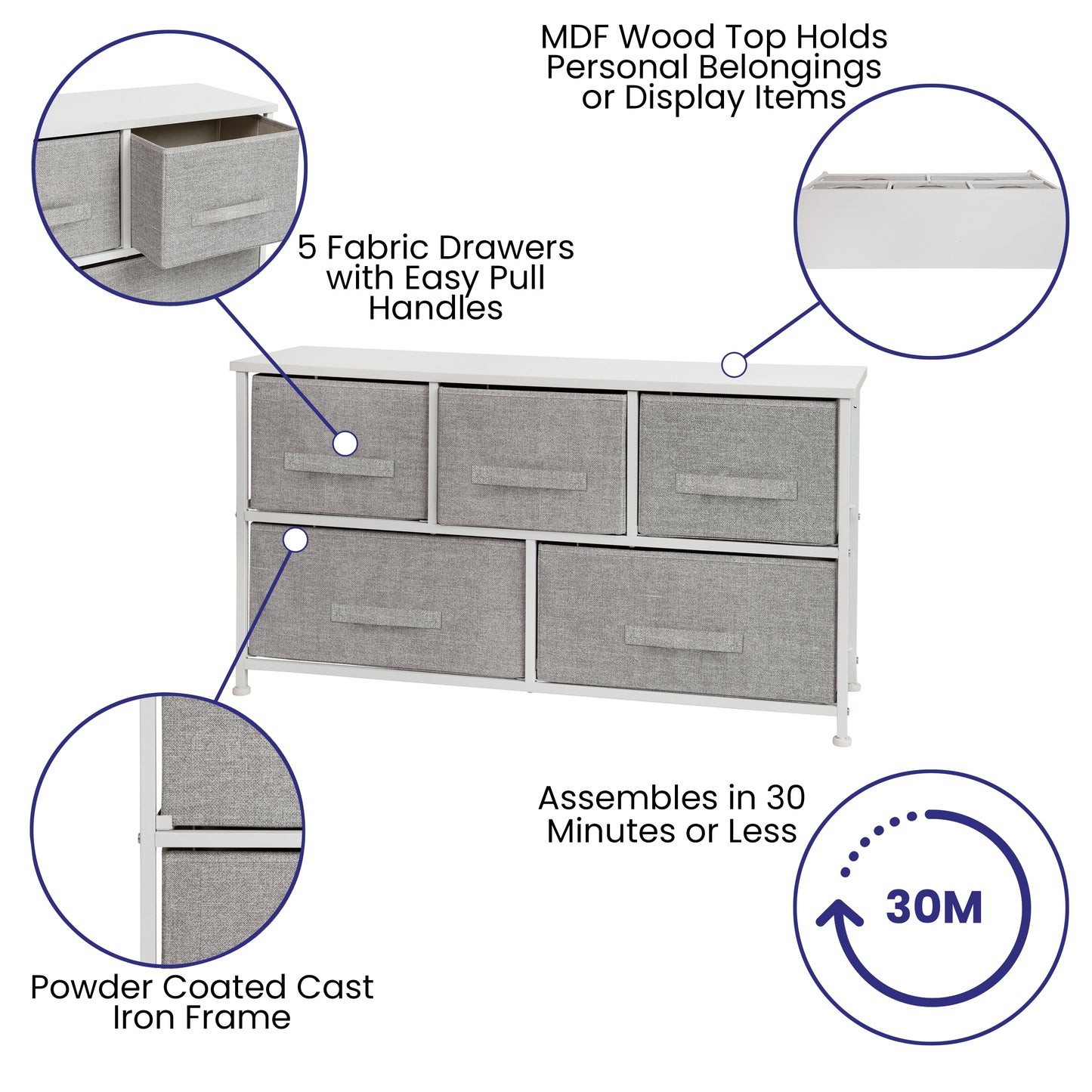 Harris 5 Drawer Wood Top White Cast Iron Frame Vertical Storage Dresser with Light Gray Easy Pull Fabric Drawers Gray Drawers/White Frame