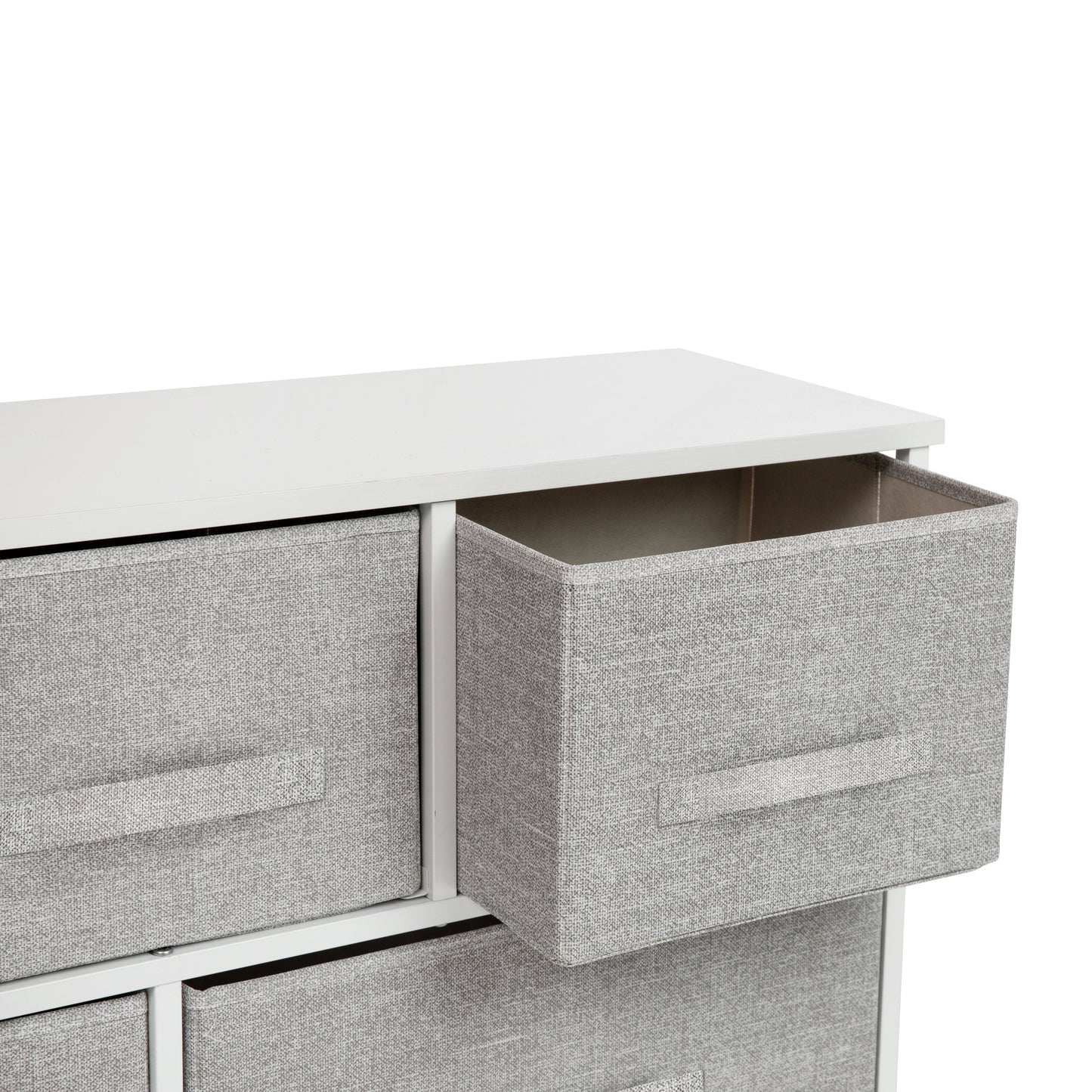 Harris 5 Drawer Wood Top White Cast Iron Frame Vertical Storage Dresser with Light Gray Easy Pull Fabric Drawers Gray Drawers/White Frame