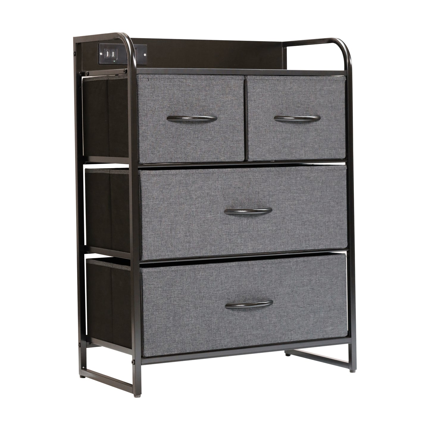 Sodano 4 Drawer Nightstand with Charging Station, 2 USB Ports, 1 Outlet, Black Metal Frame, Black Engineered Wood Top, Charcoal Drawers, Black Handles Charcoal Drawers/Black Frame