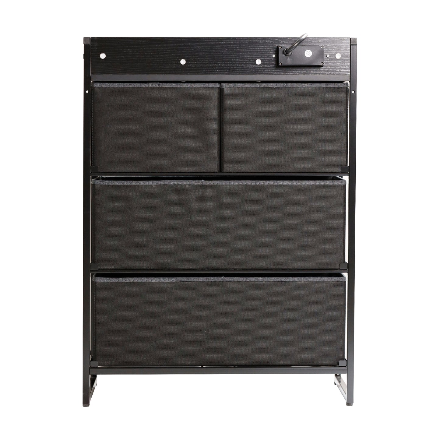 Sodano 4 Drawer Nightstand with Charging Station, 2 USB Ports, 1 Outlet, Black Metal Frame, Black Engineered Wood Top, Charcoal Drawers, Black Handles Charcoal Drawers/Black Frame