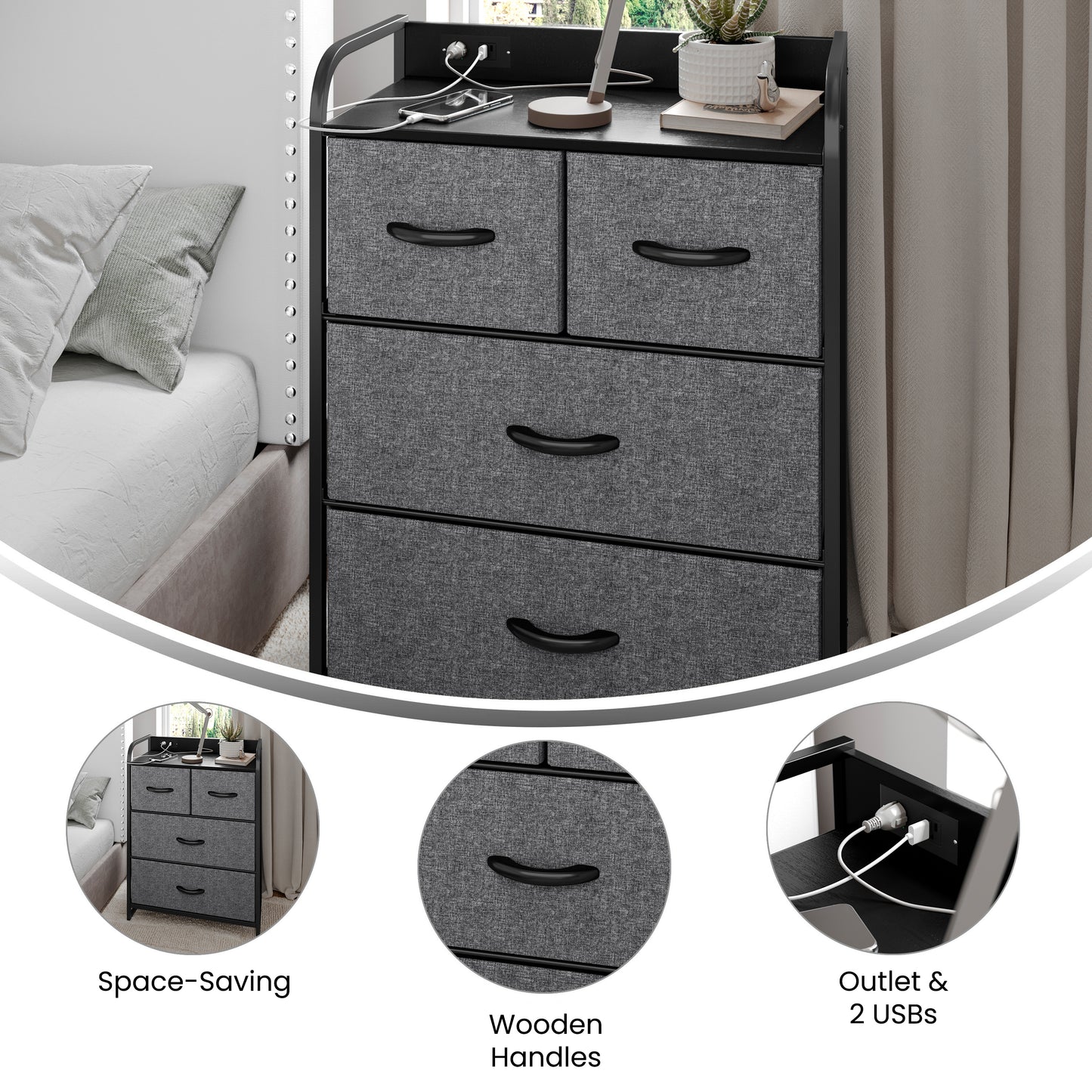 Sodano 4 Drawer Nightstand with Charging Station, 2 USB Ports, 1 Outlet, Black Metal Frame, Black Engineered Wood Top, Charcoal Drawers, Black Handles Charcoal Drawers/Black Frame
