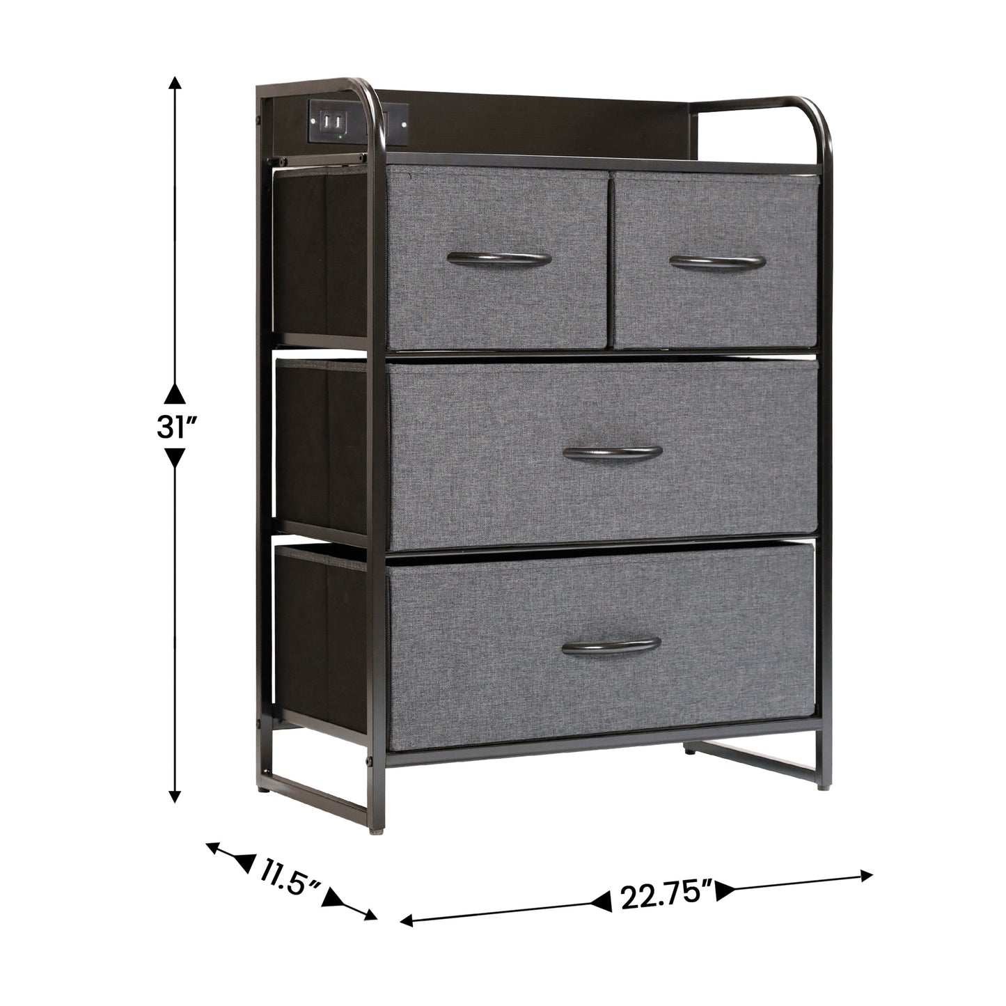 Sodano 4 Drawer Nightstand with Charging Station, 2 USB Ports, 1 Outlet, Black Metal Frame, Black Engineered Wood Top, Charcoal Drawers, Black Handles Charcoal Drawers/Black Frame