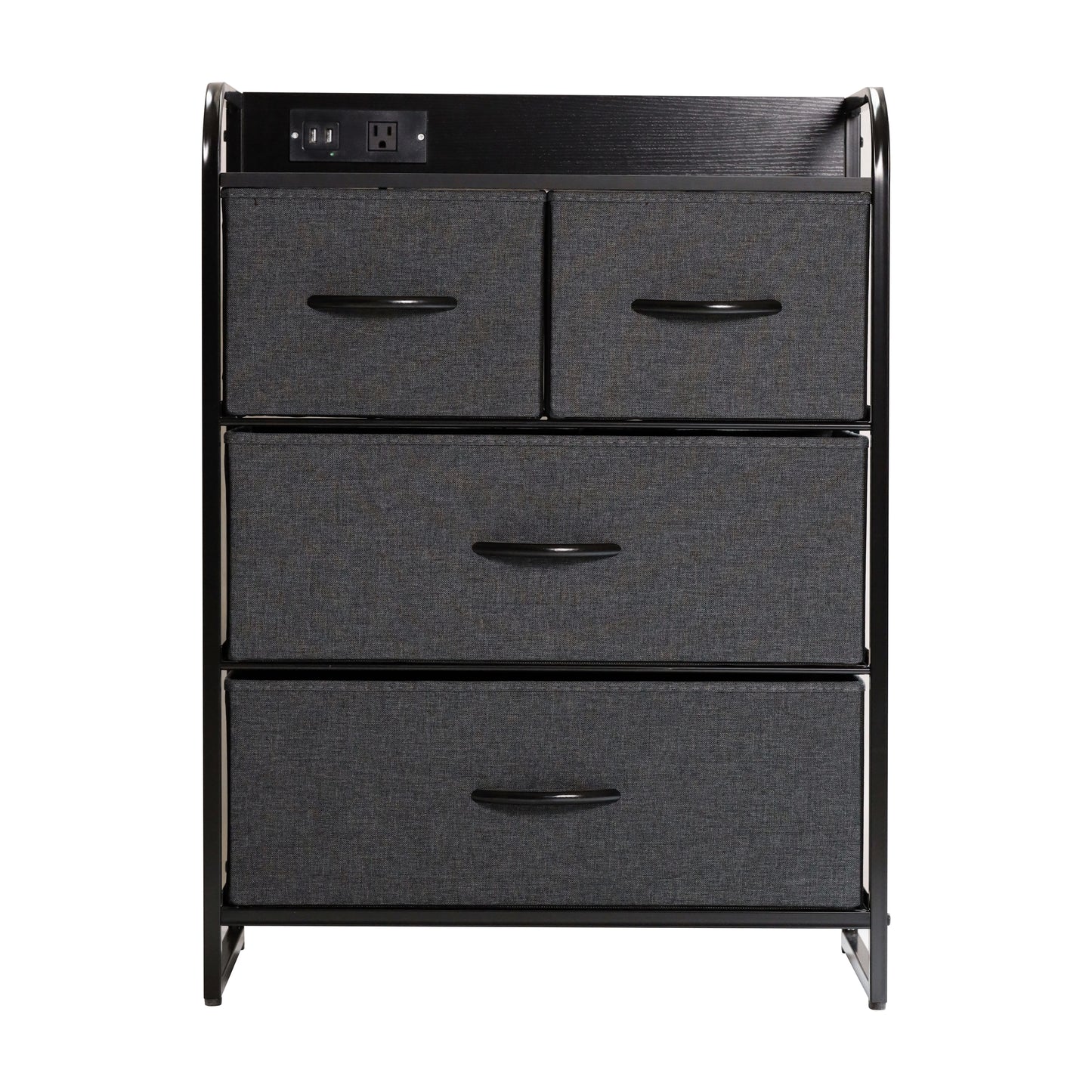Sodano 4 Drawer Nightstand with Charging Station, 2 USB Ports, 1 Outlet, Black Metal Frame, Black Engineered Wood Top, Charcoal Drawers, Black Handles Charcoal Drawers/Black Frame