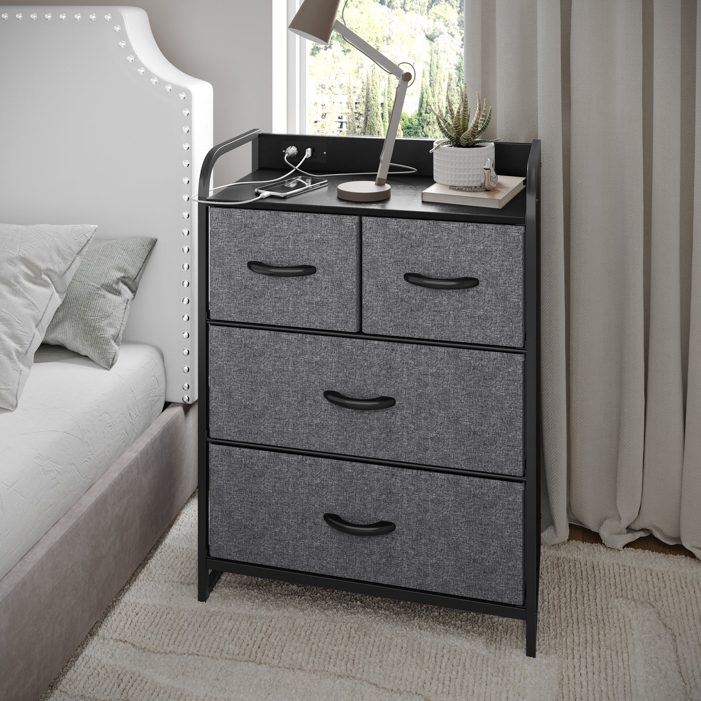 Sodano 4 Drawer Nightstand with Charging Station, 2 USB Ports, 1 Outlet, Black Metal Frame, Black Engineered Wood Top, Charcoal Drawers, Black Handles Charcoal Drawers/Black Frame