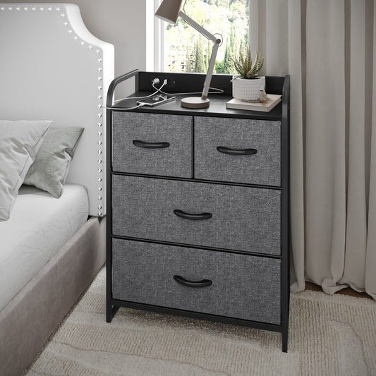 Sodano 4 Drawer Nightstand with Charging Station, 2 USB Ports, 1 Outlet, Black Metal Frame, Black Engineered Wood Top, Charcoal Drawers, Black Handles Charcoal Drawers/Black Frame