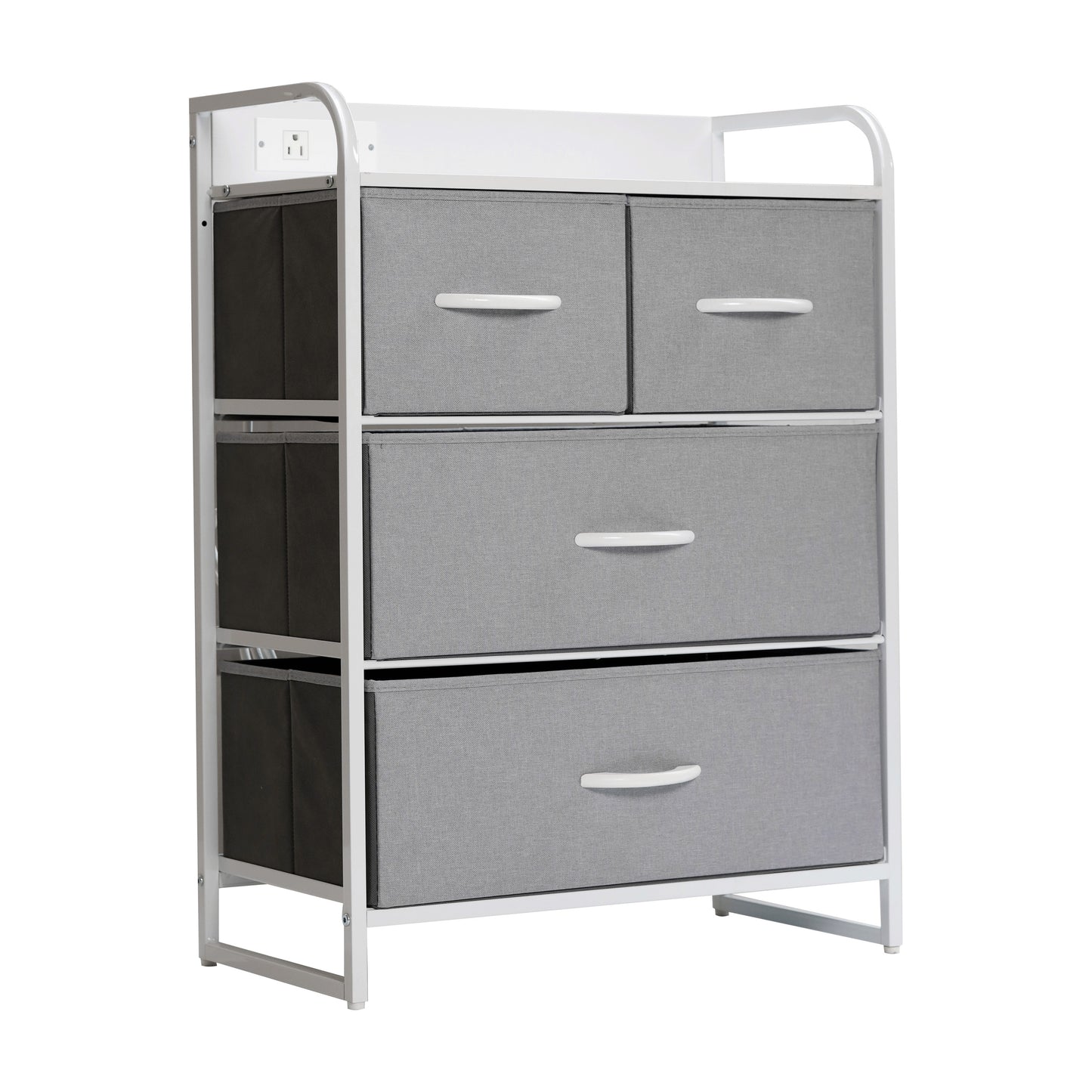Sodano 4 Drawer Nightstand with Charging Station, 2 USB Ports, 1 Outlet, White Metal Frame, White Engineered Wood Top, Gray Drawers, White Handles Gray Drawers/White Frame