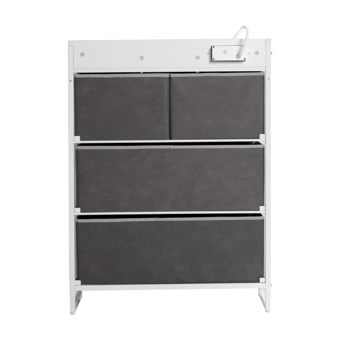 Sodano 4 Drawer Nightstand with Charging Station, 2 USB Ports, 1 Outlet, White Metal Frame, White Engineered Wood Top, Gray Drawers, White Handles Gray Drawers/White Frame