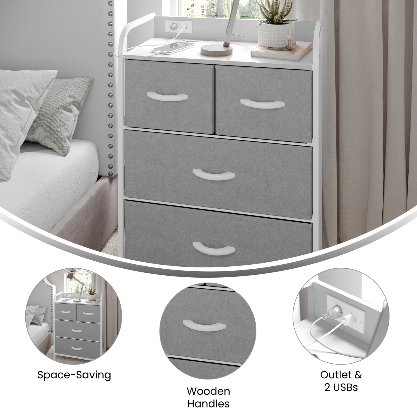 Sodano 4 Drawer Nightstand with Charging Station, 2 USB Ports, 1 Outlet, White Metal Frame, White Engineered Wood Top, Gray Drawers, White Handles Gray Drawers/White Frame