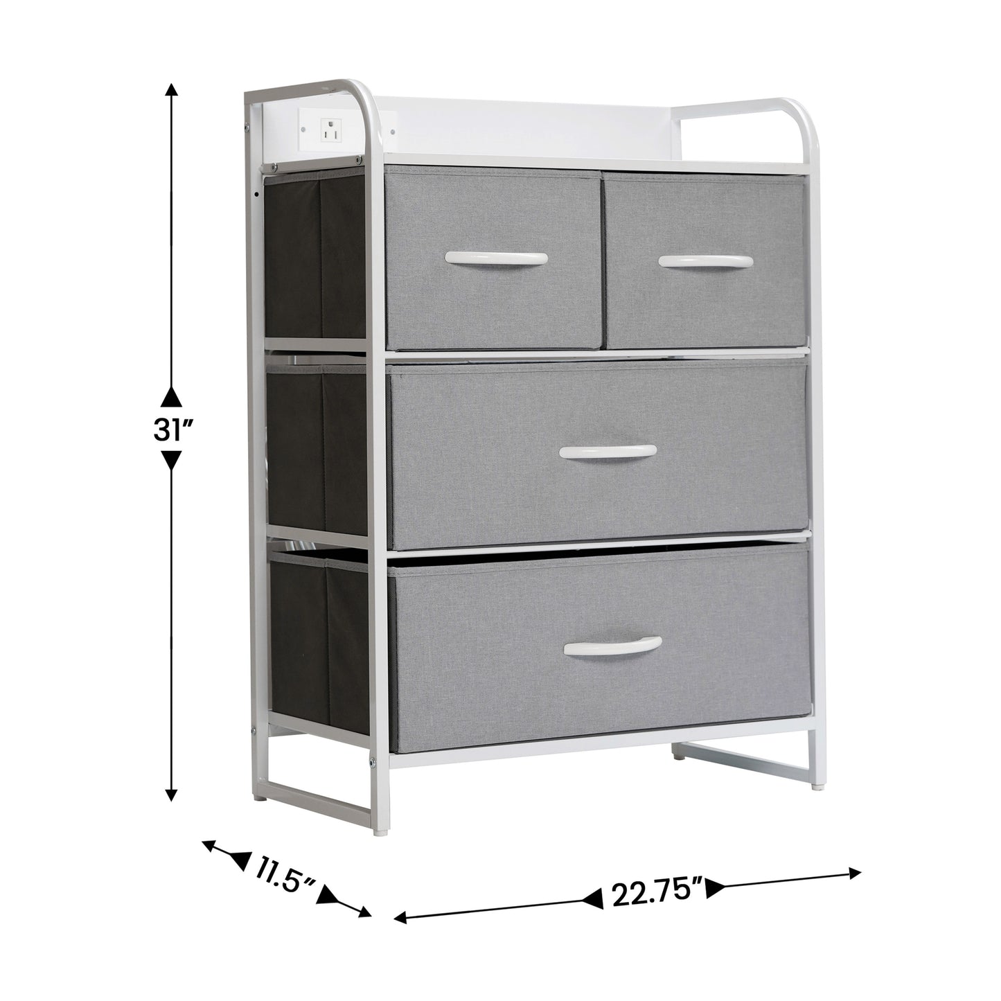 Sodano 4 Drawer Nightstand with Charging Station, 2 USB Ports, 1 Outlet, White Metal Frame, White Engineered Wood Top, Gray Drawers, White Handles Gray Drawers/White Frame
