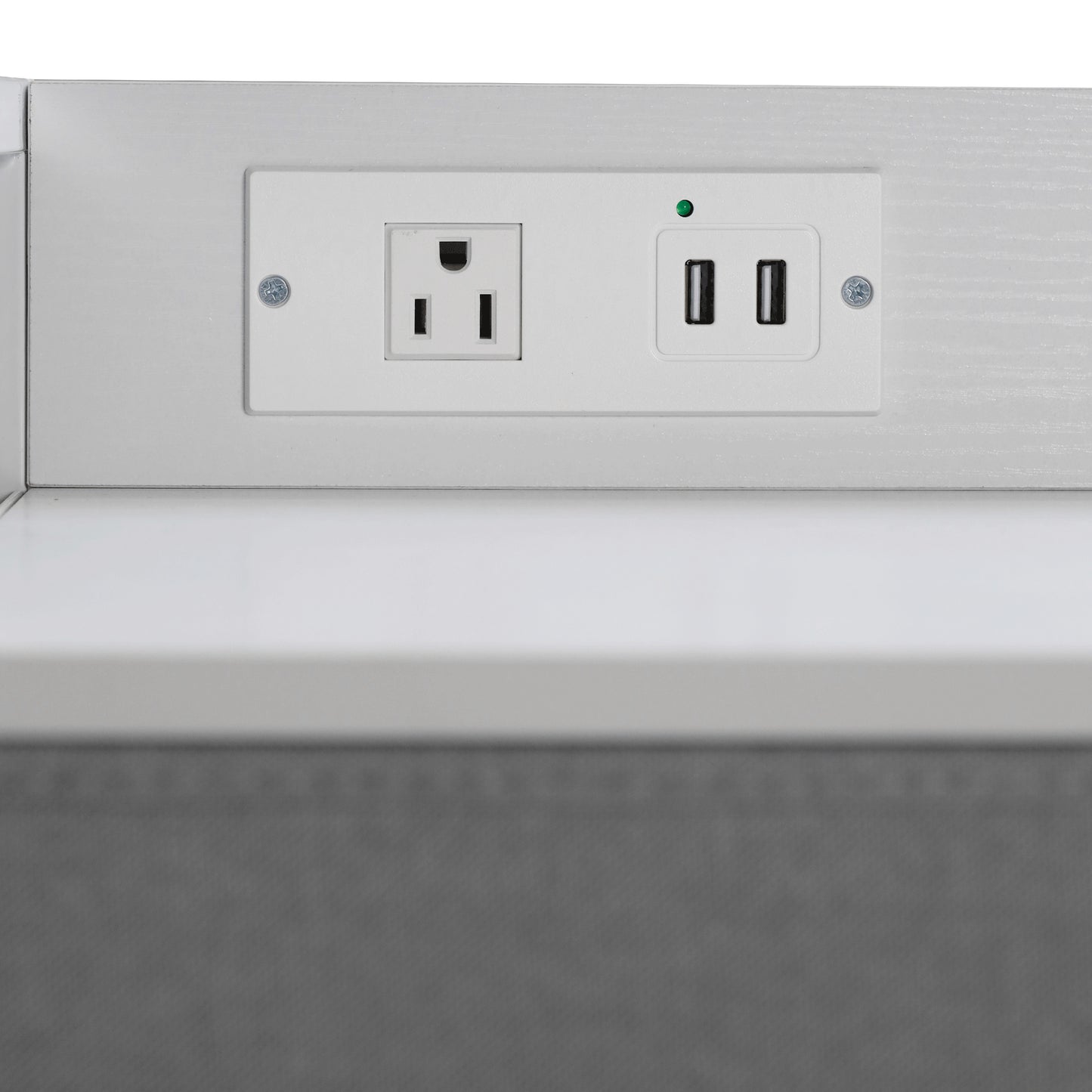 Sodano 4 Drawer Nightstand with Charging Station, 2 USB Ports, 1 Outlet, White Metal Frame, White Engineered Wood Top, Gray Drawers, White Handles Gray Drawers/White Frame
