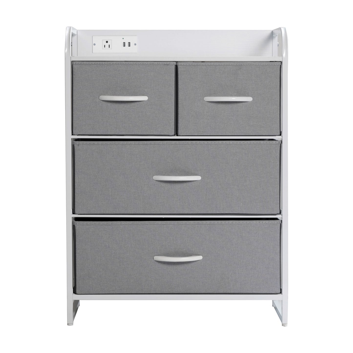 Sodano 4 Drawer Nightstand with Charging Station, 2 USB Ports, 1 Outlet, White Metal Frame, White Engineered Wood Top, Gray Drawers, White Handles Gray Drawers/White Frame