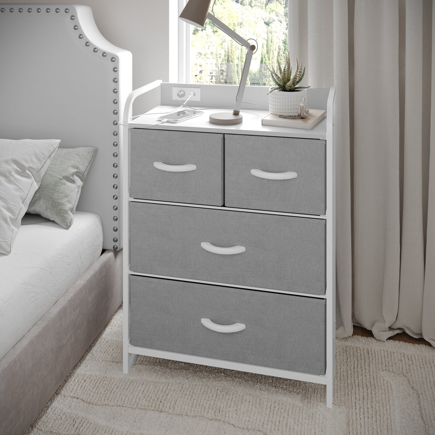 Sodano 4 Drawer Nightstand with Charging Station, 2 USB Ports, 1 Outlet, White Metal Frame, White Engineered Wood Top, Gray Drawers, White Handles Gray Drawers/White Frame