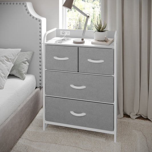 Sodano 4 Drawer Nightstand with Charging Station, 2 USB Ports, 1 Outlet, White Metal Frame, White Engineered Wood Top, Gray Drawers, White Handles Gray Drawers/White Frame