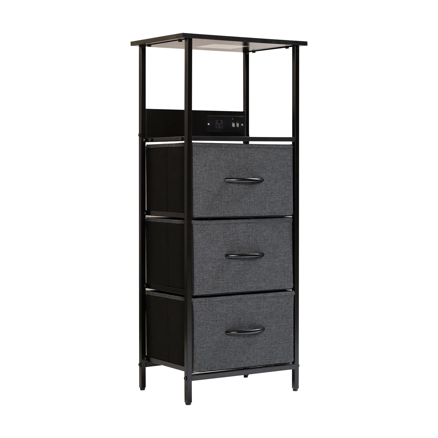 Sodano 3 Drawer Nightstand with Charging Station, 2 USB Ports, 1 Outlet, Black Metal Frame, Black Engineered Wood Top, Charcoal Drawers, Black Handles Charcoal Drawers/Black Frame