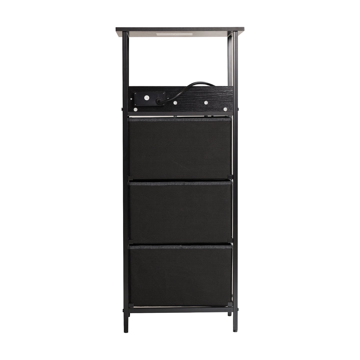 Sodano 3 Drawer Nightstand with Charging Station, 2 USB Ports, 1 Outlet, Black Metal Frame, Black Engineered Wood Top, Charcoal Drawers, Black Handles Charcoal Drawers/Black Frame